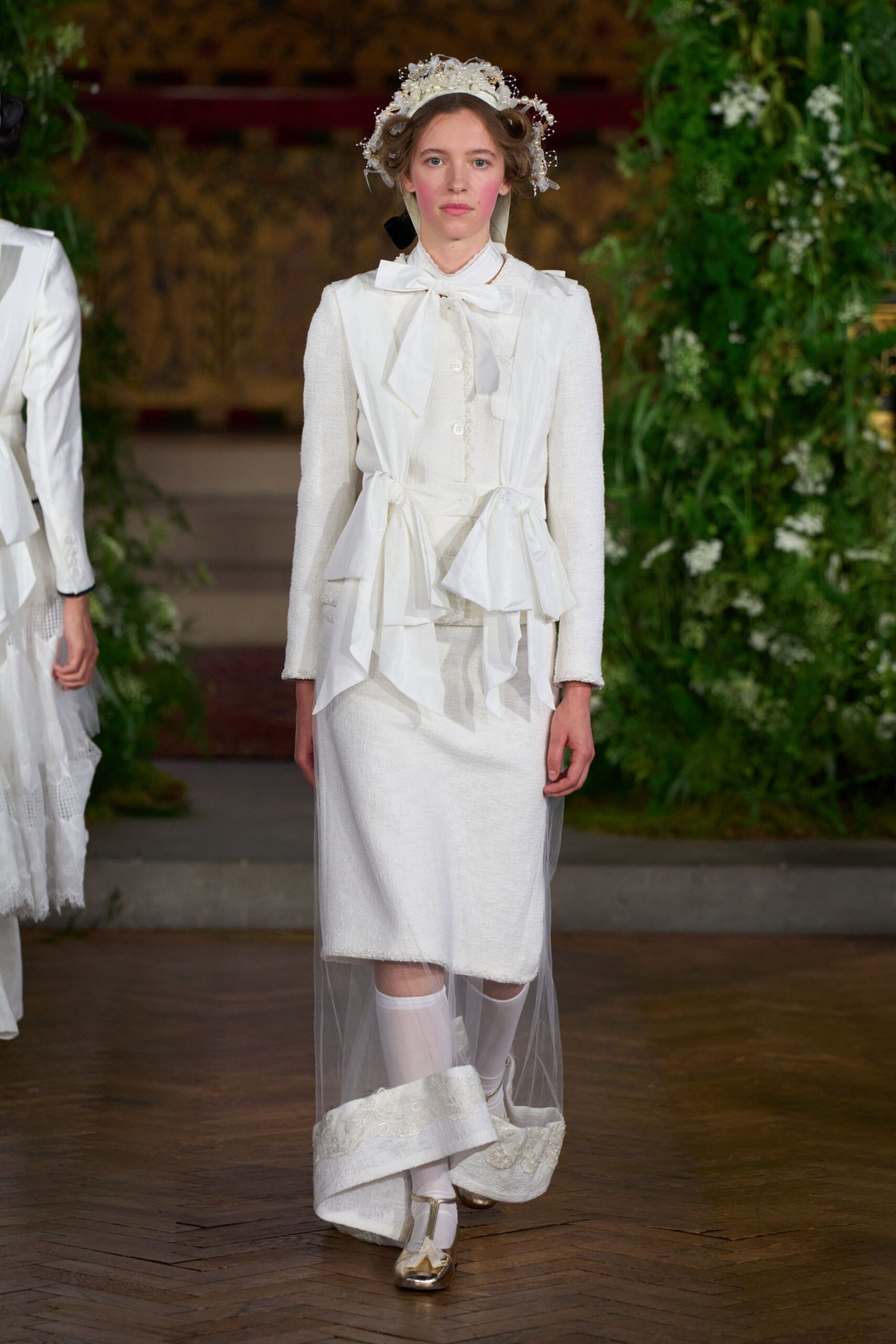 white pussy-bow sheer overlay dress