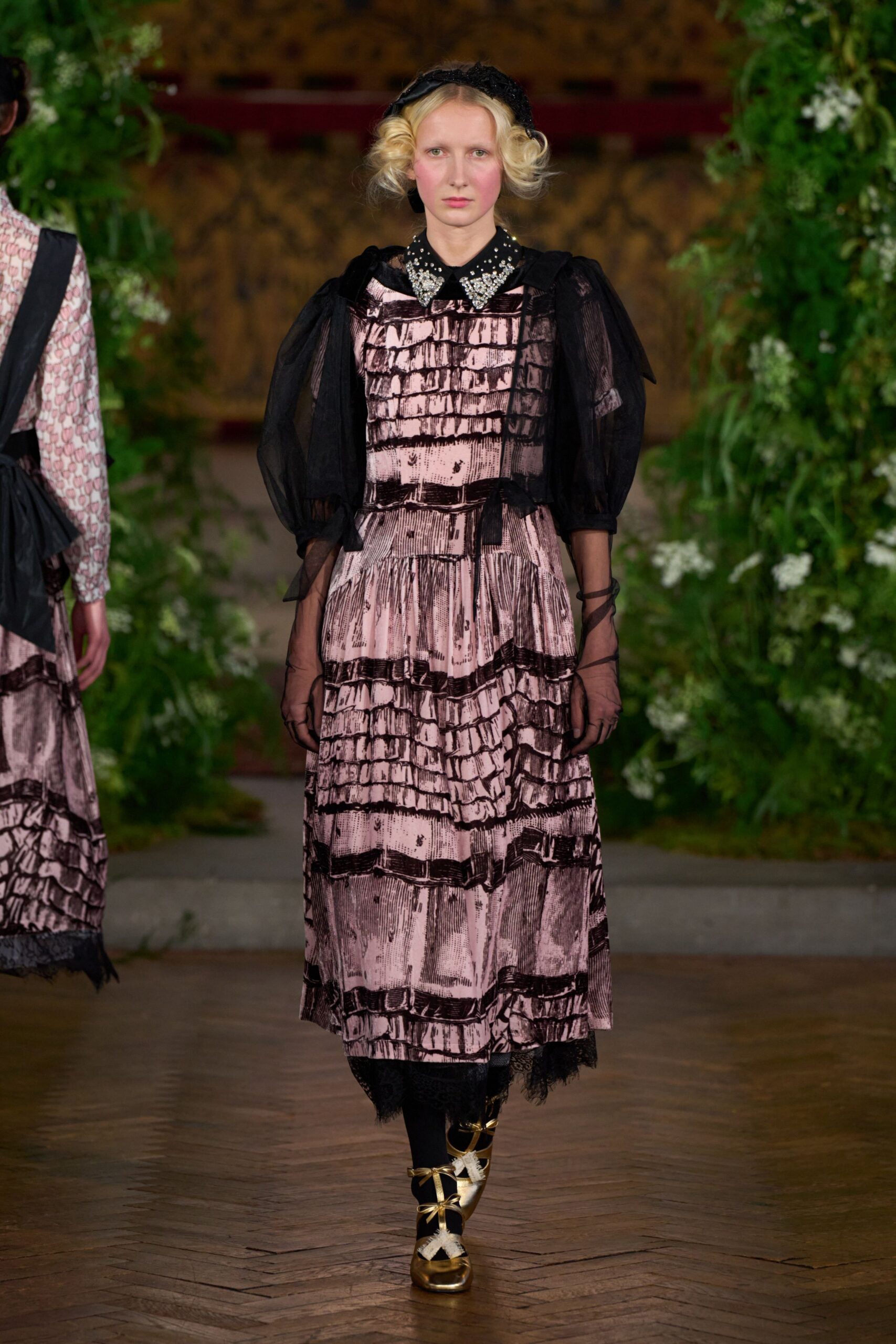 pink printed tiered maxi dress