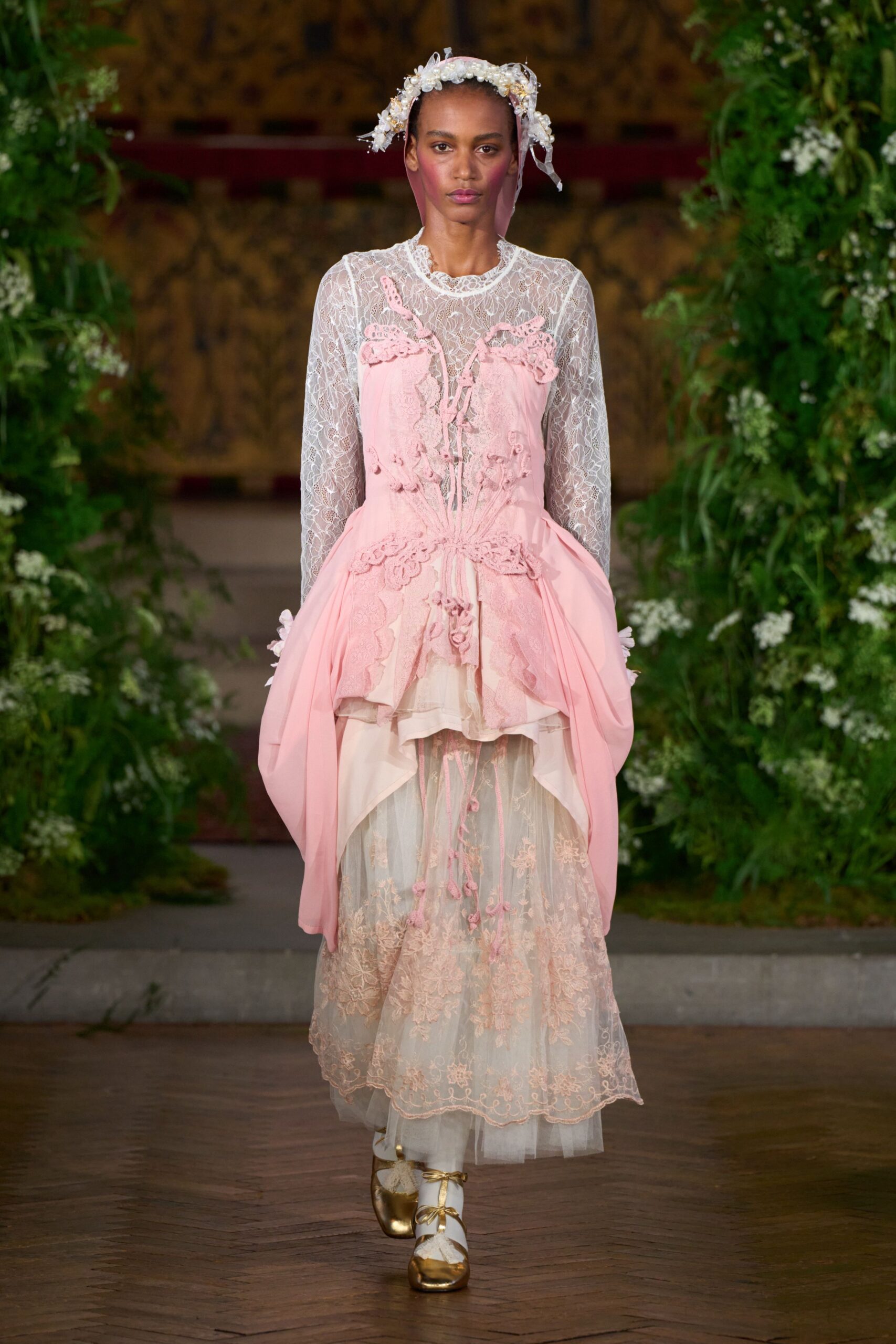 pink lace corseted evening dress