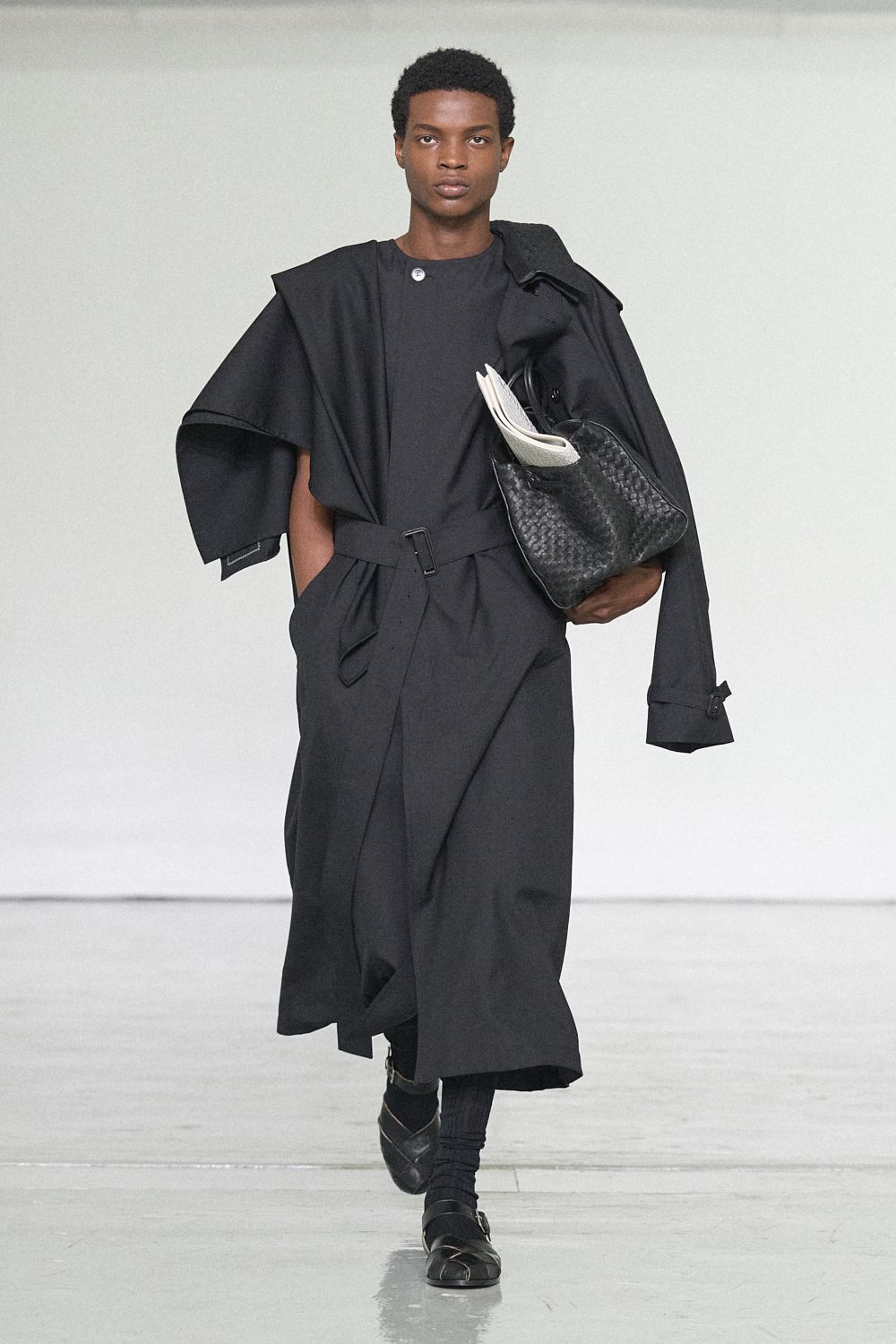 black draped belted maxi dress