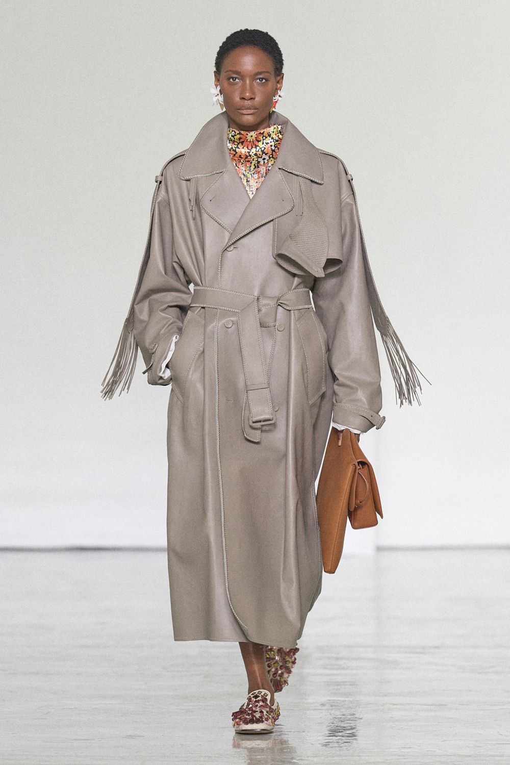 fringed leather trench coat