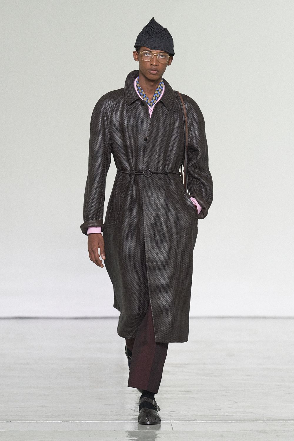 belted textured brown overcoat