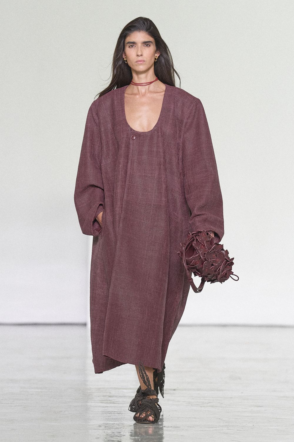 maroon textured long-sleeve midi dress