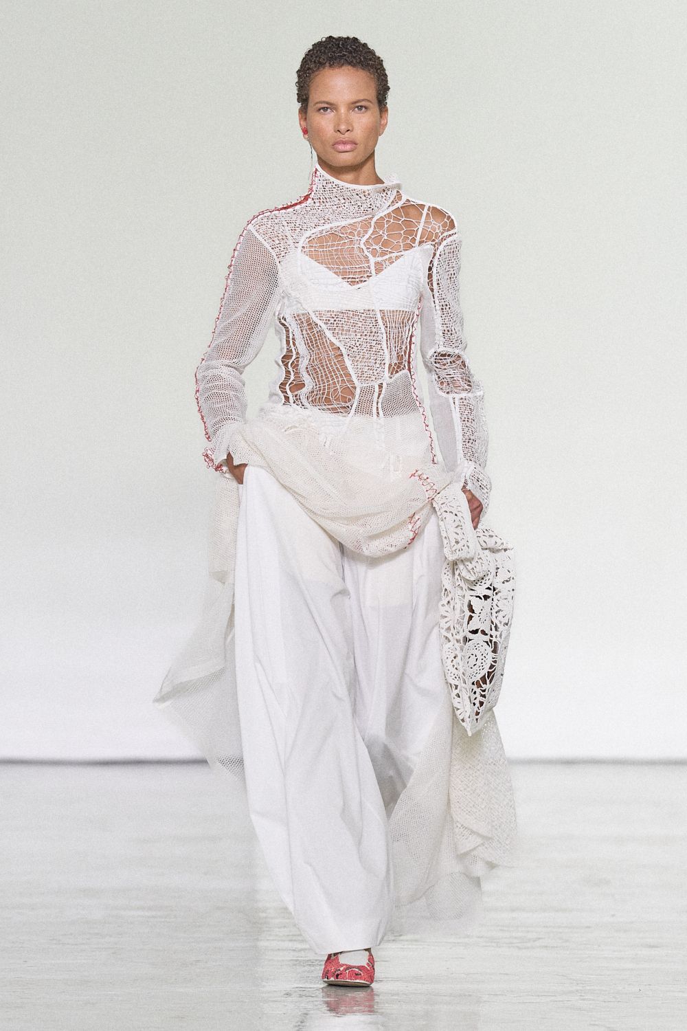 white mesh long-sleeve high-neck openwork sheer textured top