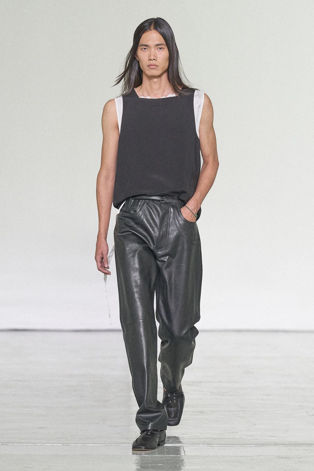 black leather straight-leg trousers