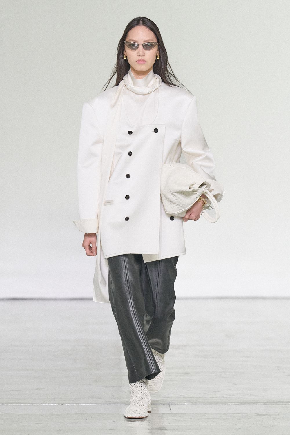 asymmetric scarf-neck white blazer