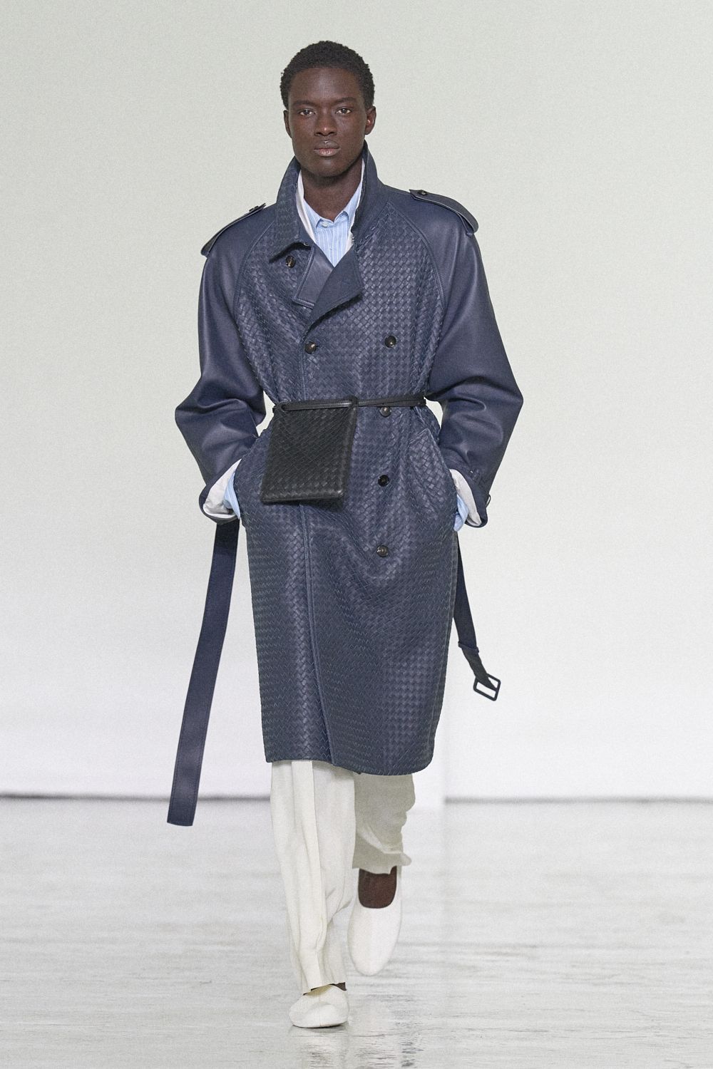 blue woven leather trench coat