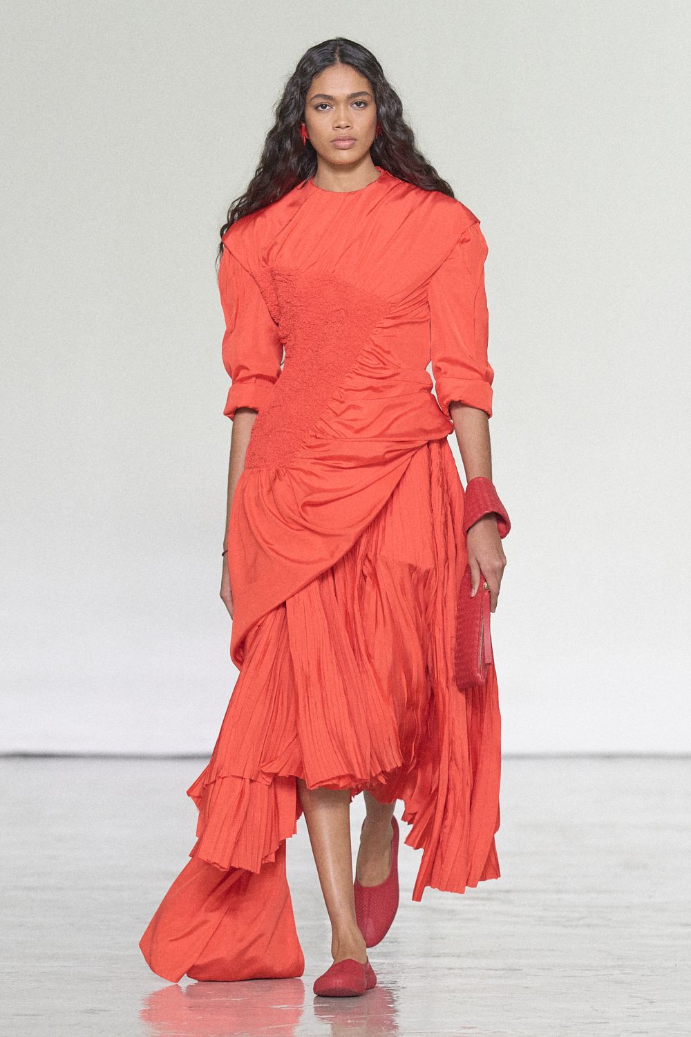 asymmetric pleated coral midi dress