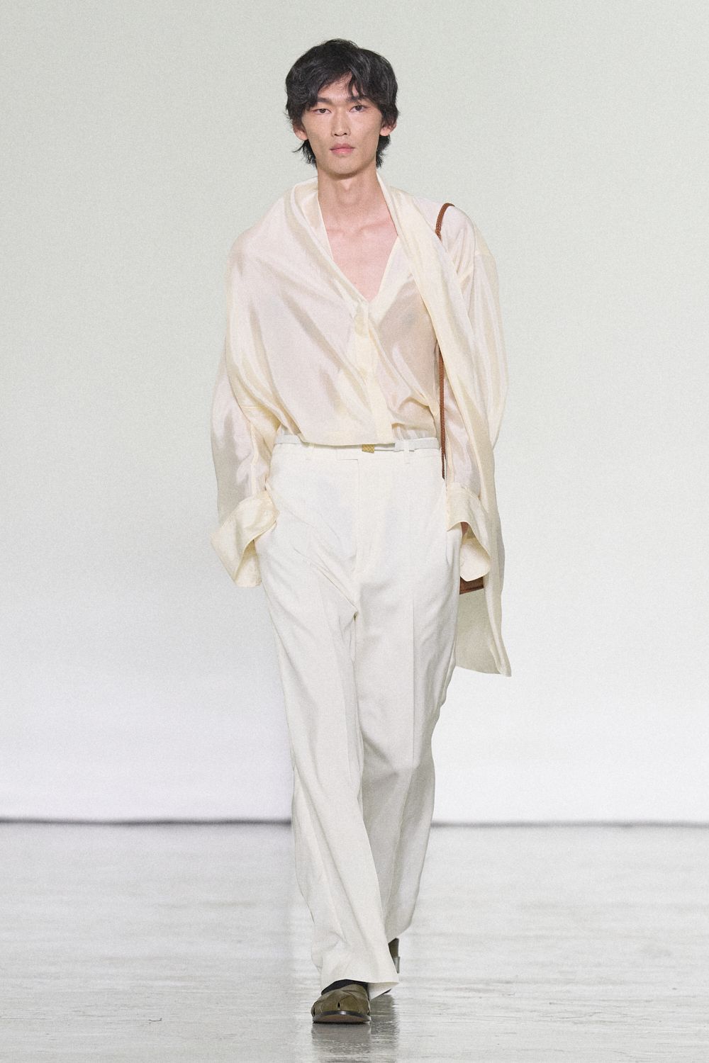draped ivory silk shirt