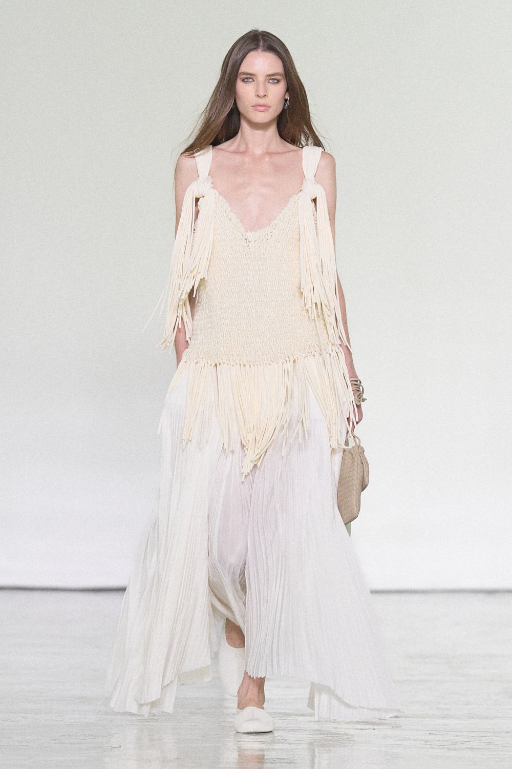 ivory fringed pleated maxi dress