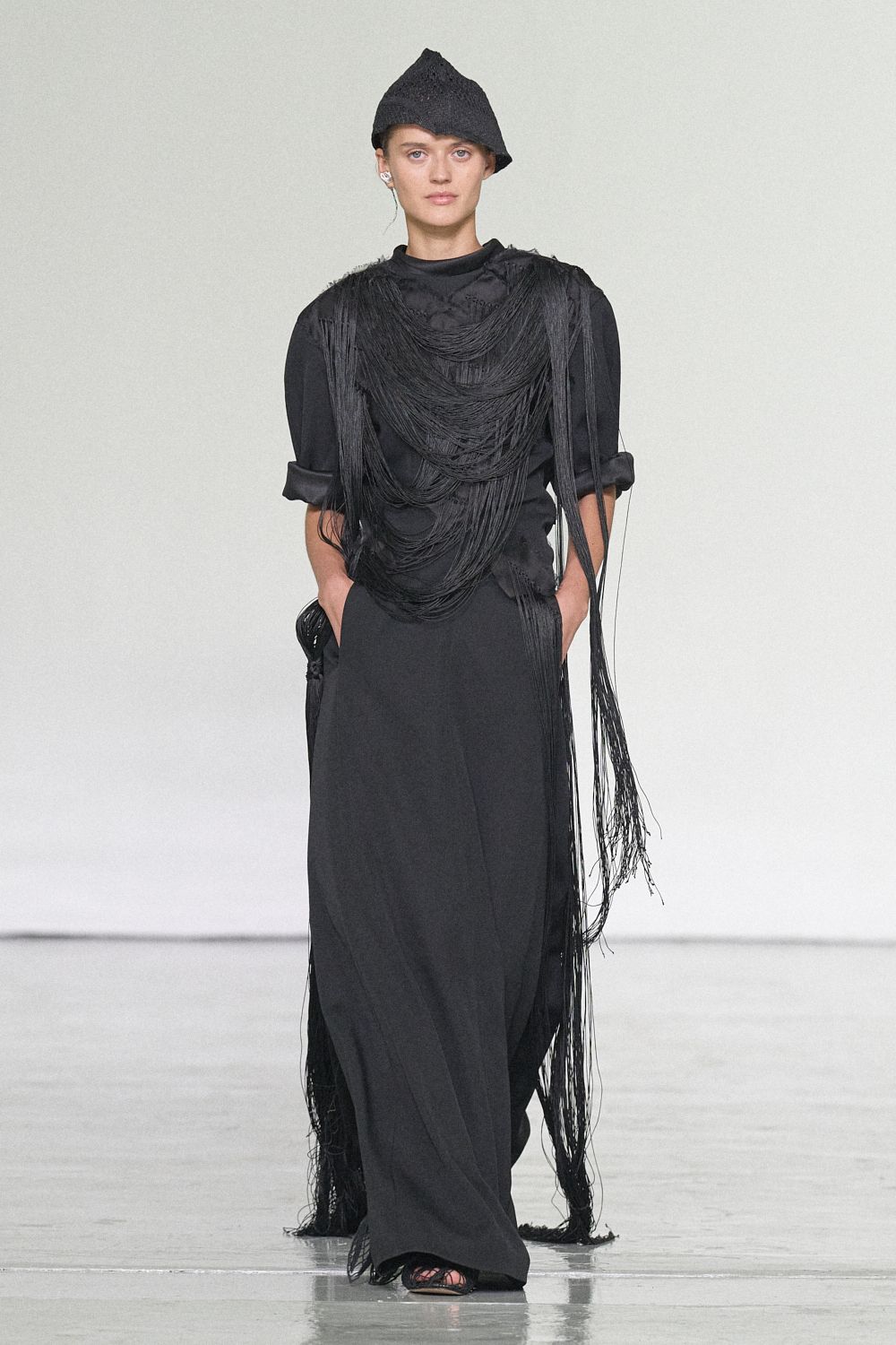 black fringe-draped maxi dress