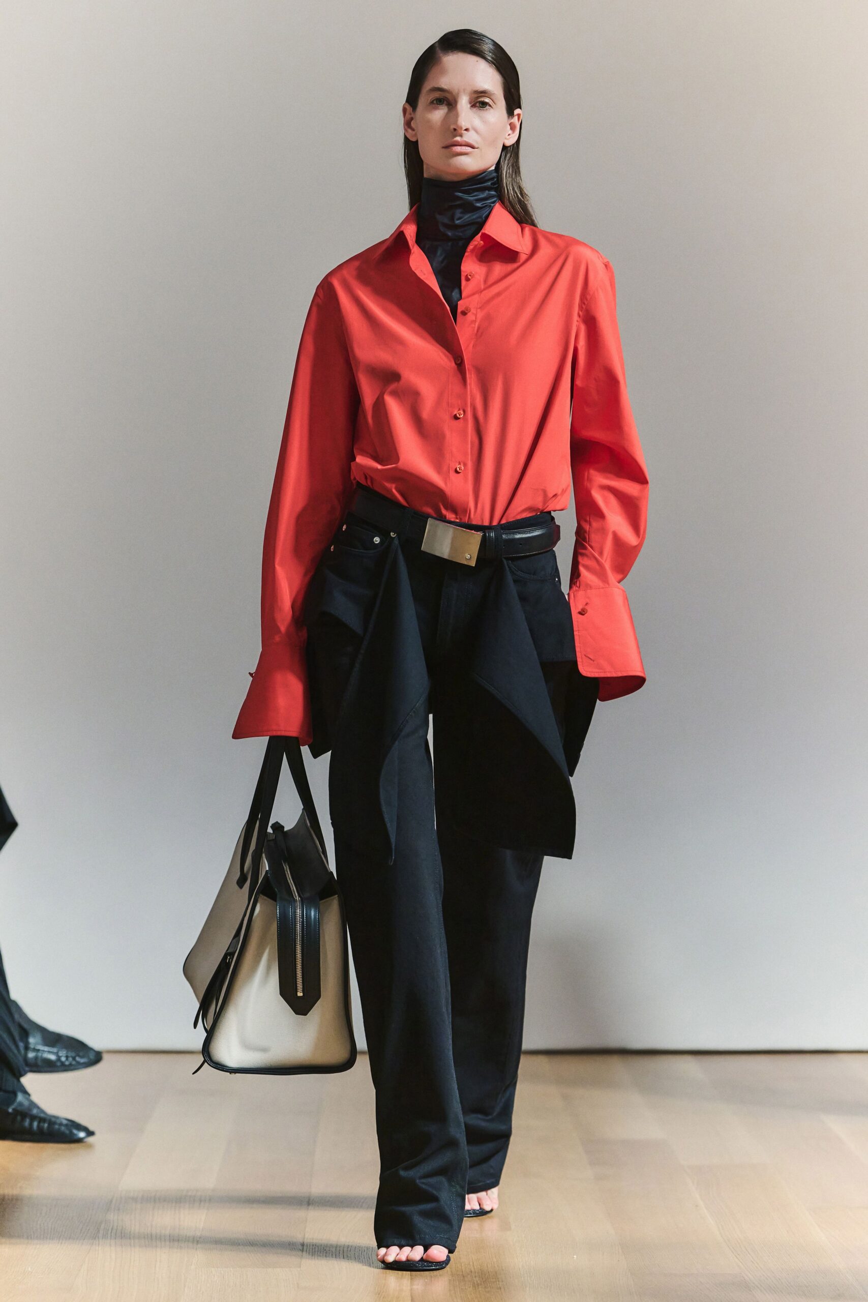 red oversized button-front shirt