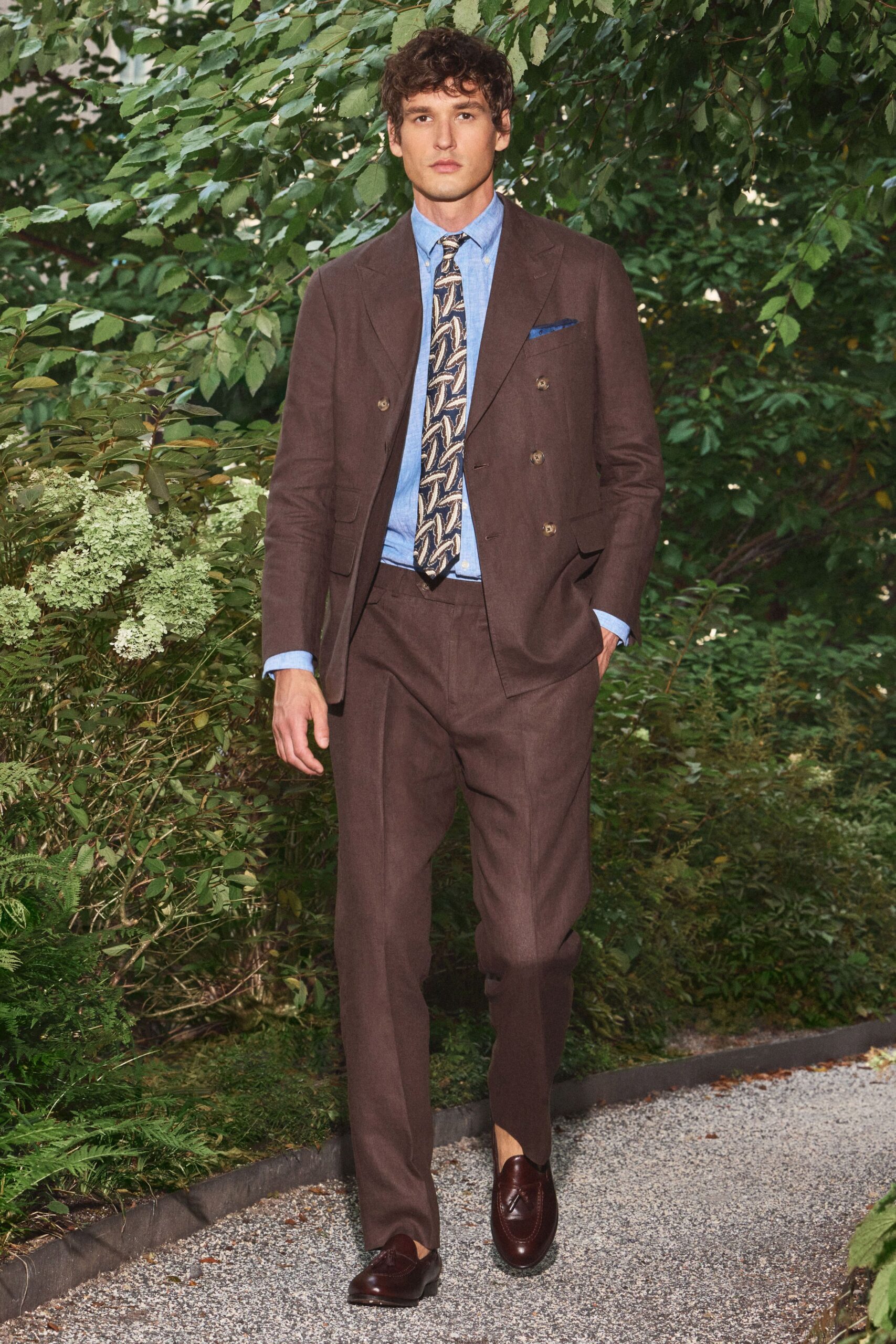 brown double-breasted suit jacket