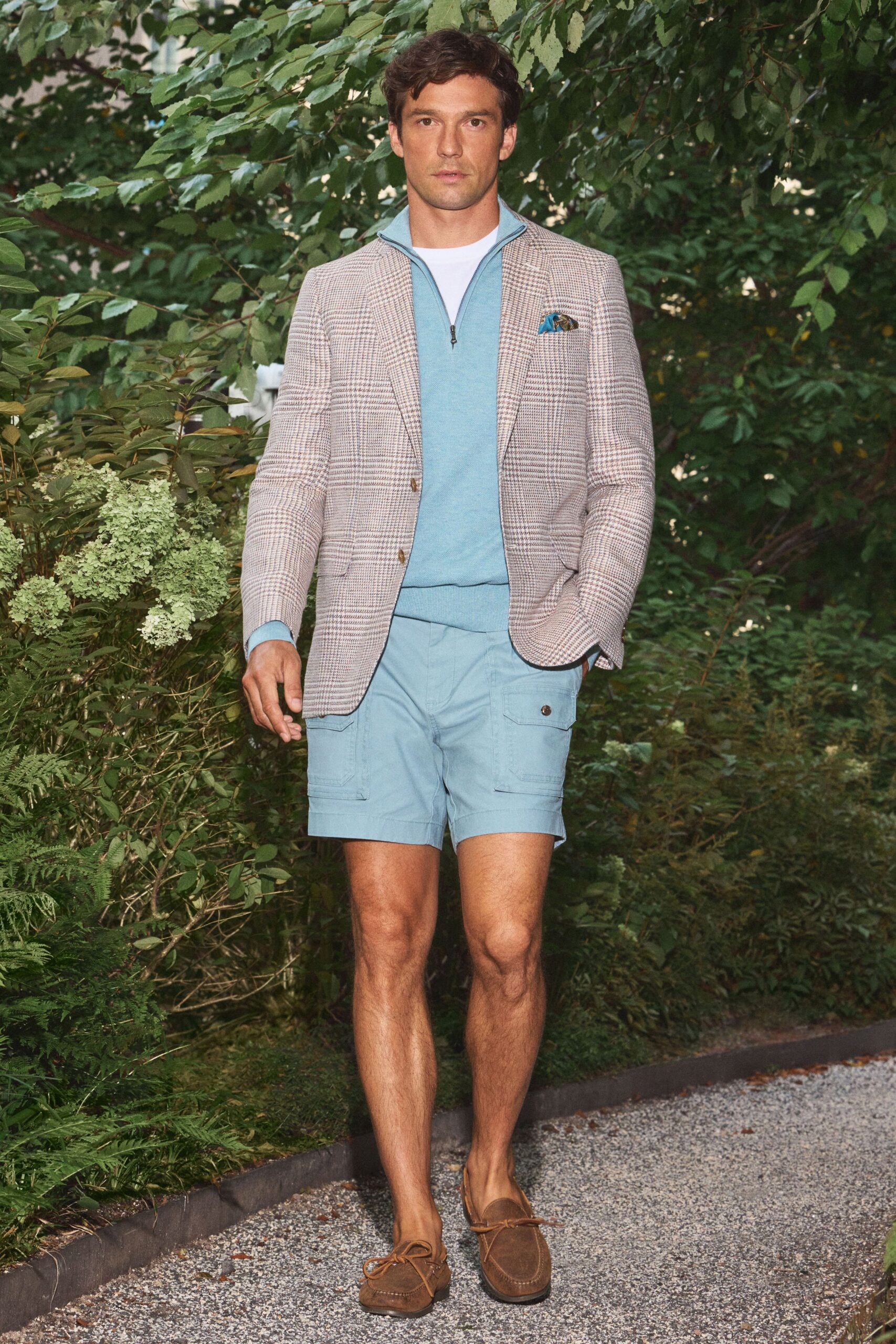 checked blazer with cargo shorts
