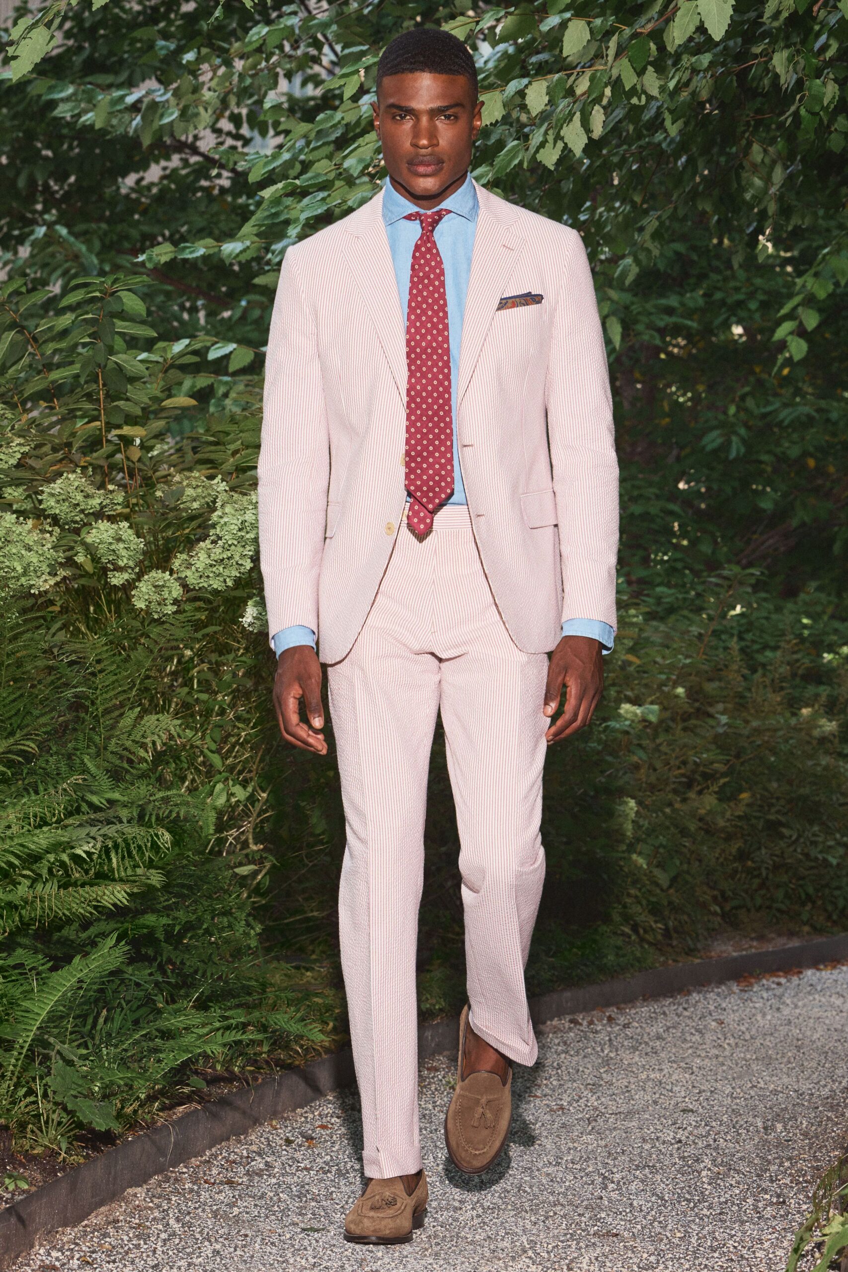 pink seersucker striped suit blazer