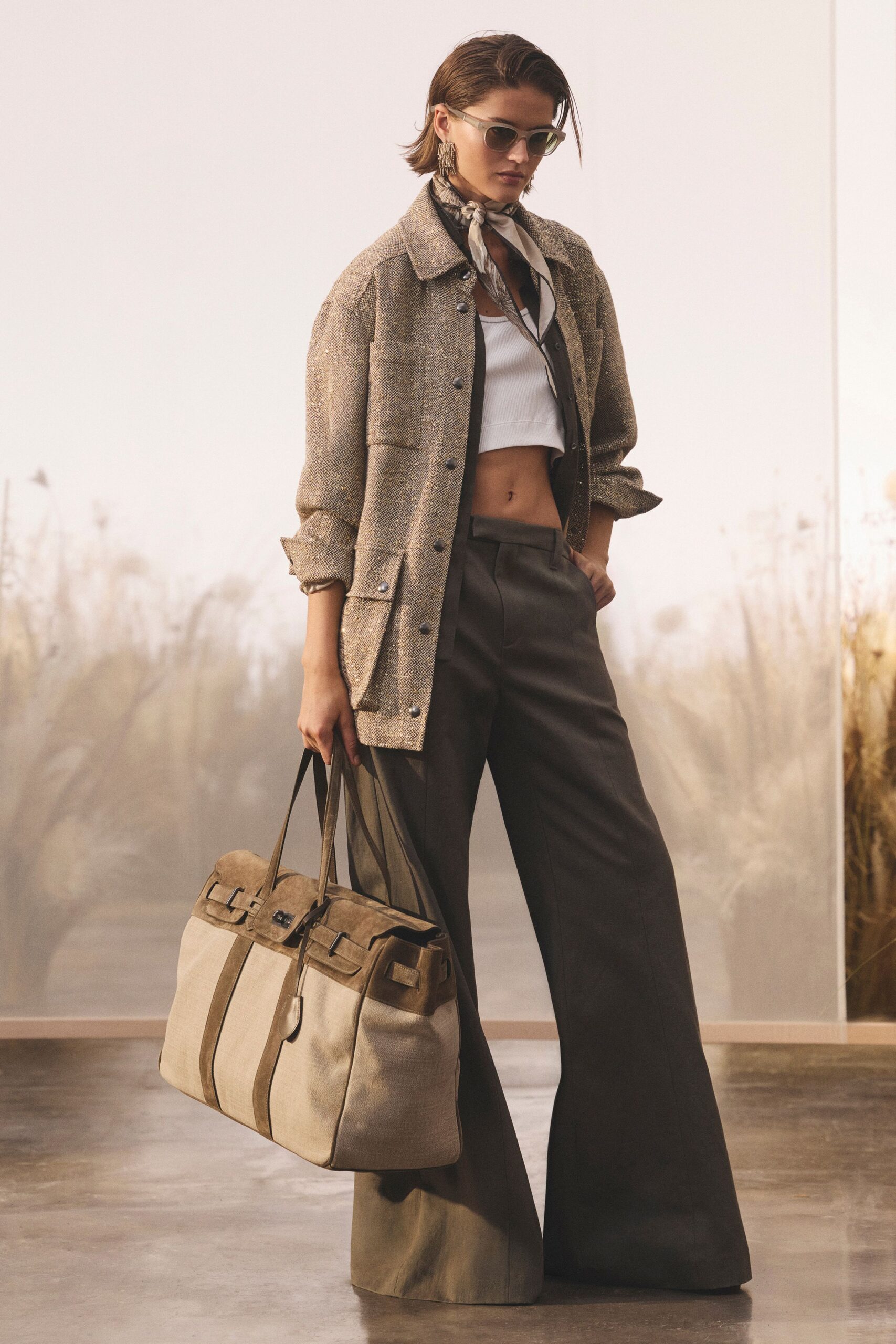 beige tweed long-sleeve collared relaxed buttoned pockets jacket