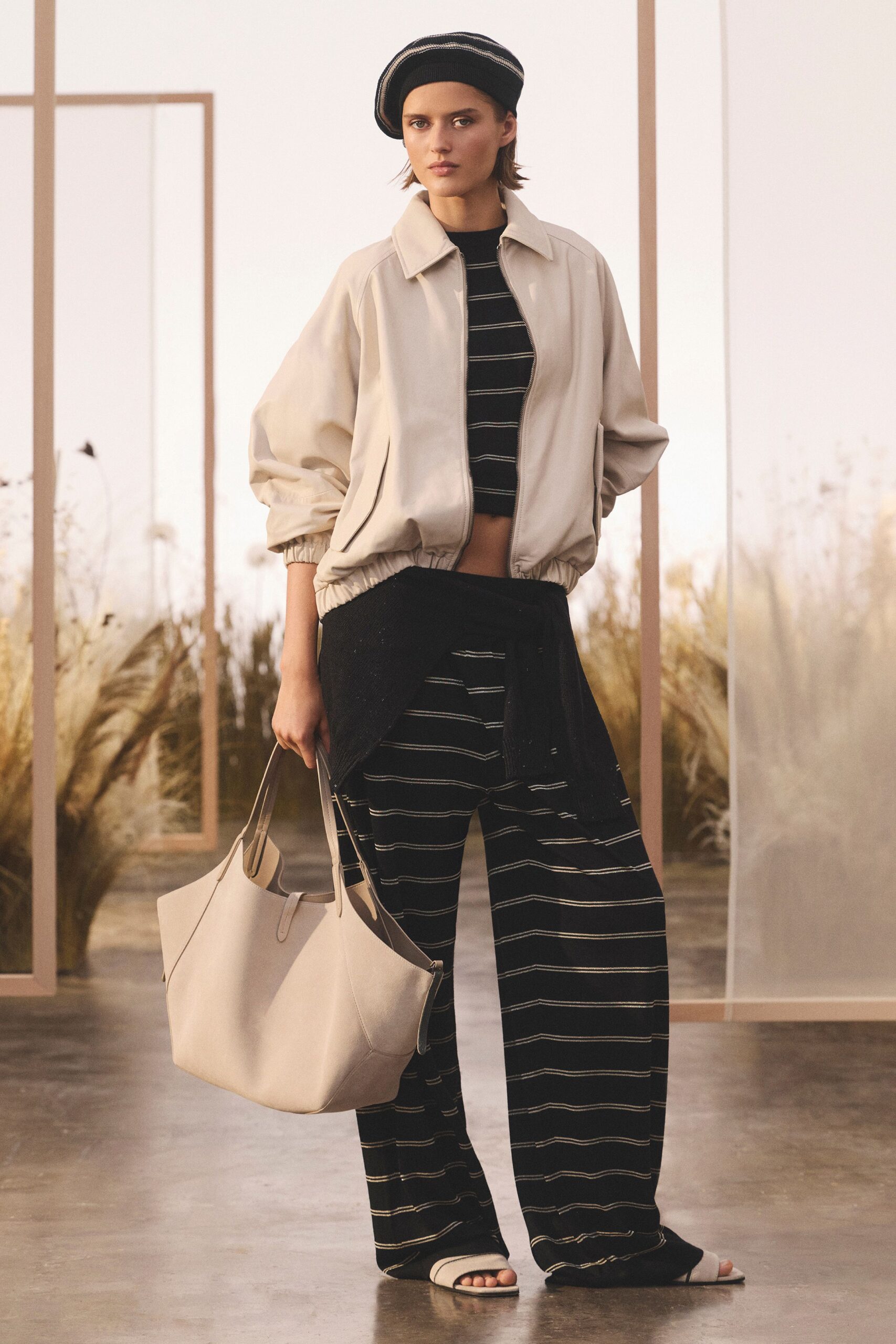 beige unknown long-sleeve collared oversized zippered cropped jacket