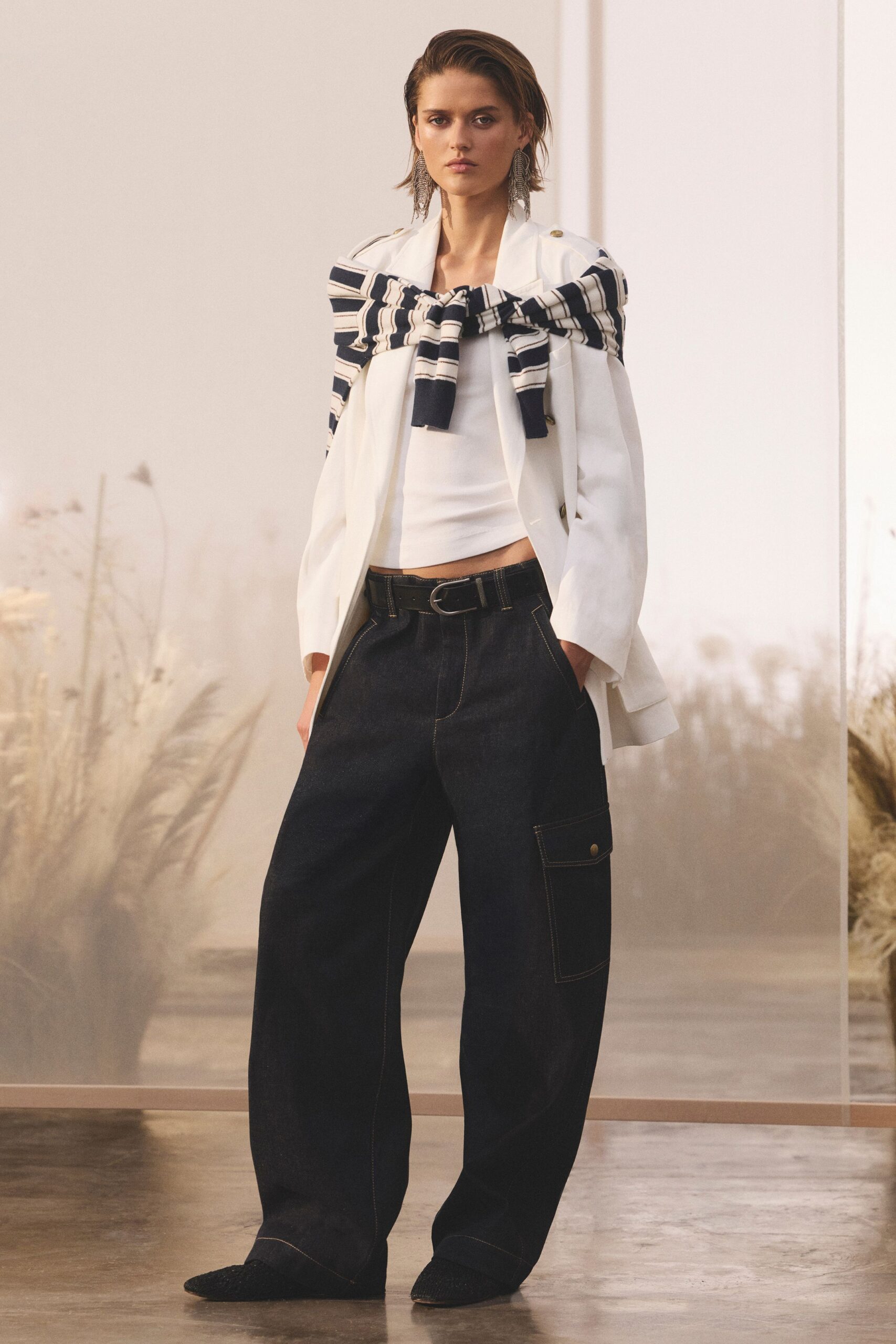 white blazer with striped sweater