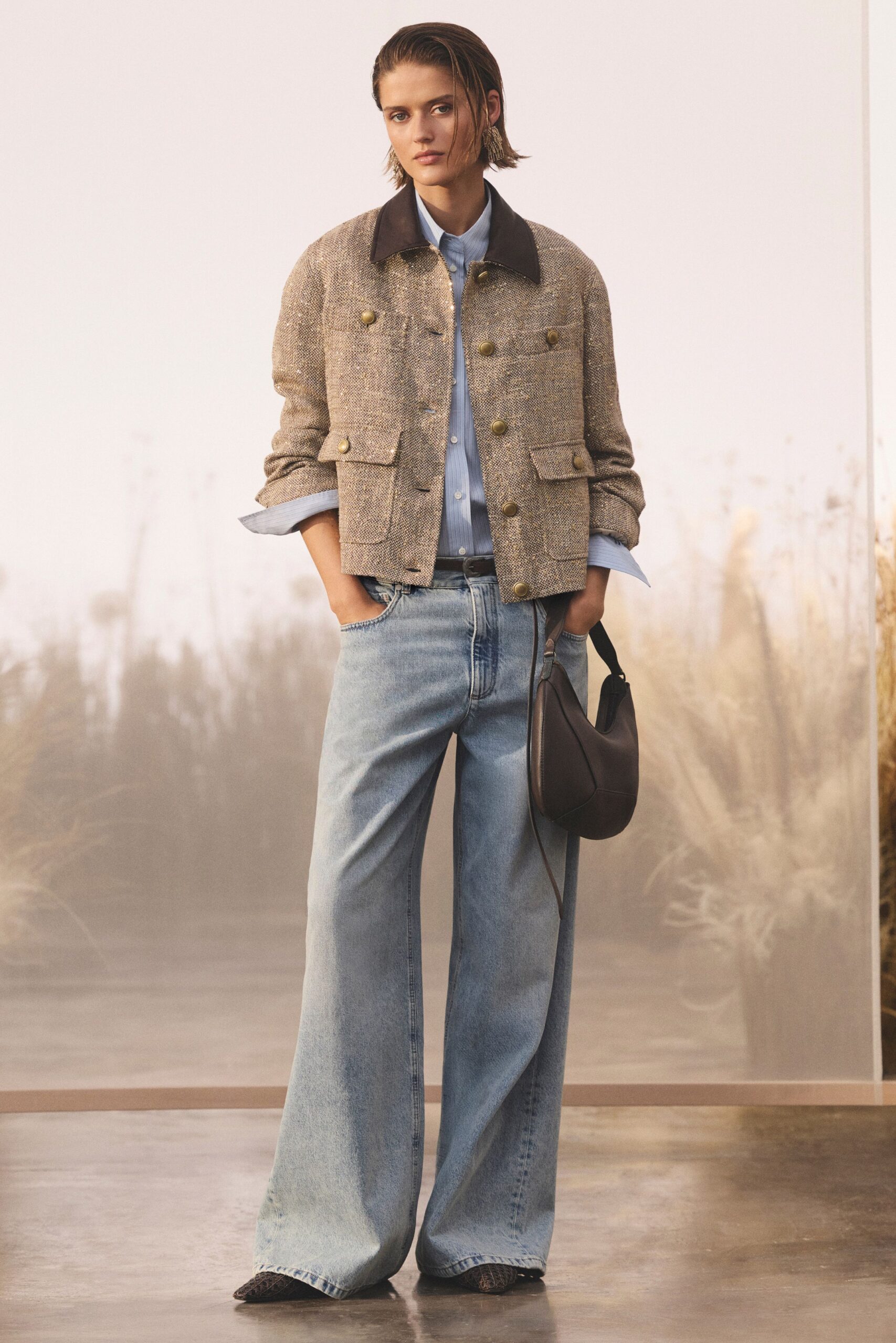 beige tweed long-sleeve collared relaxed buttoned pockets jacket