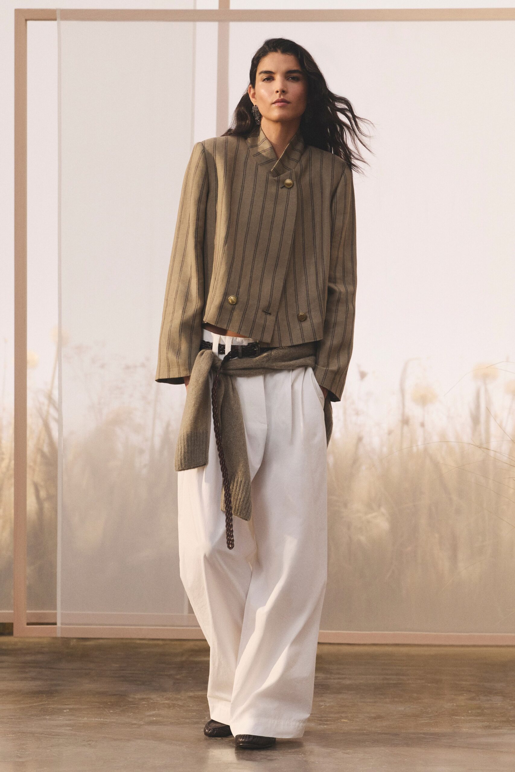 beige unknown long-sleeve high-neck structured pinstriped buttoned jacket