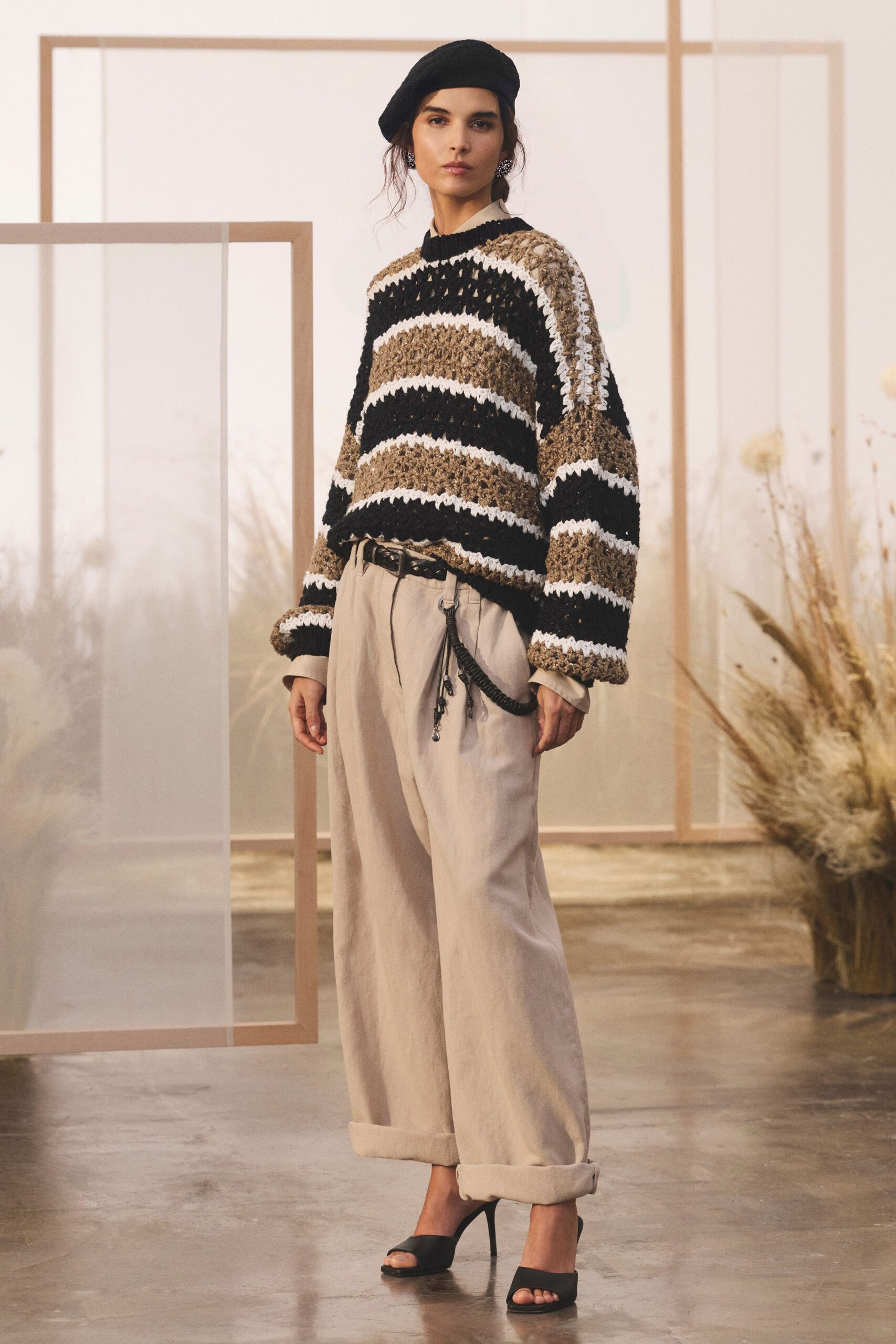 striped openwork metallic sweater