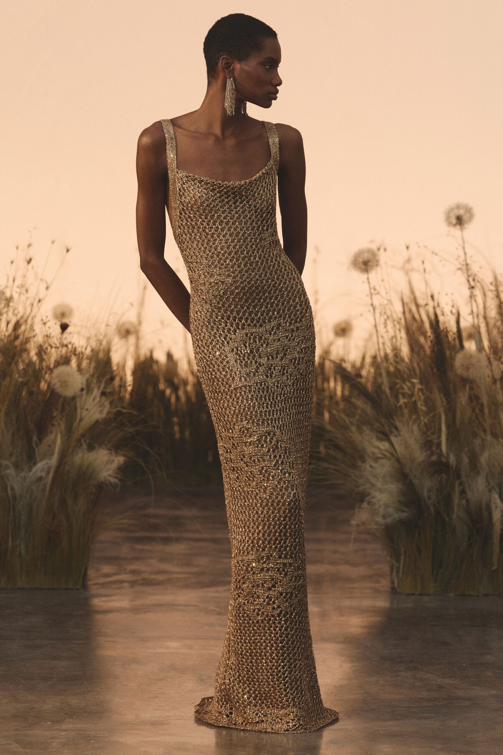 Floor-length gold mesh gown, open lattice skimming close with wider straps. Long crystal fringe earrings brushing the jawline. Dusk in a meadow gone to seed, everything turning the color of champagne.