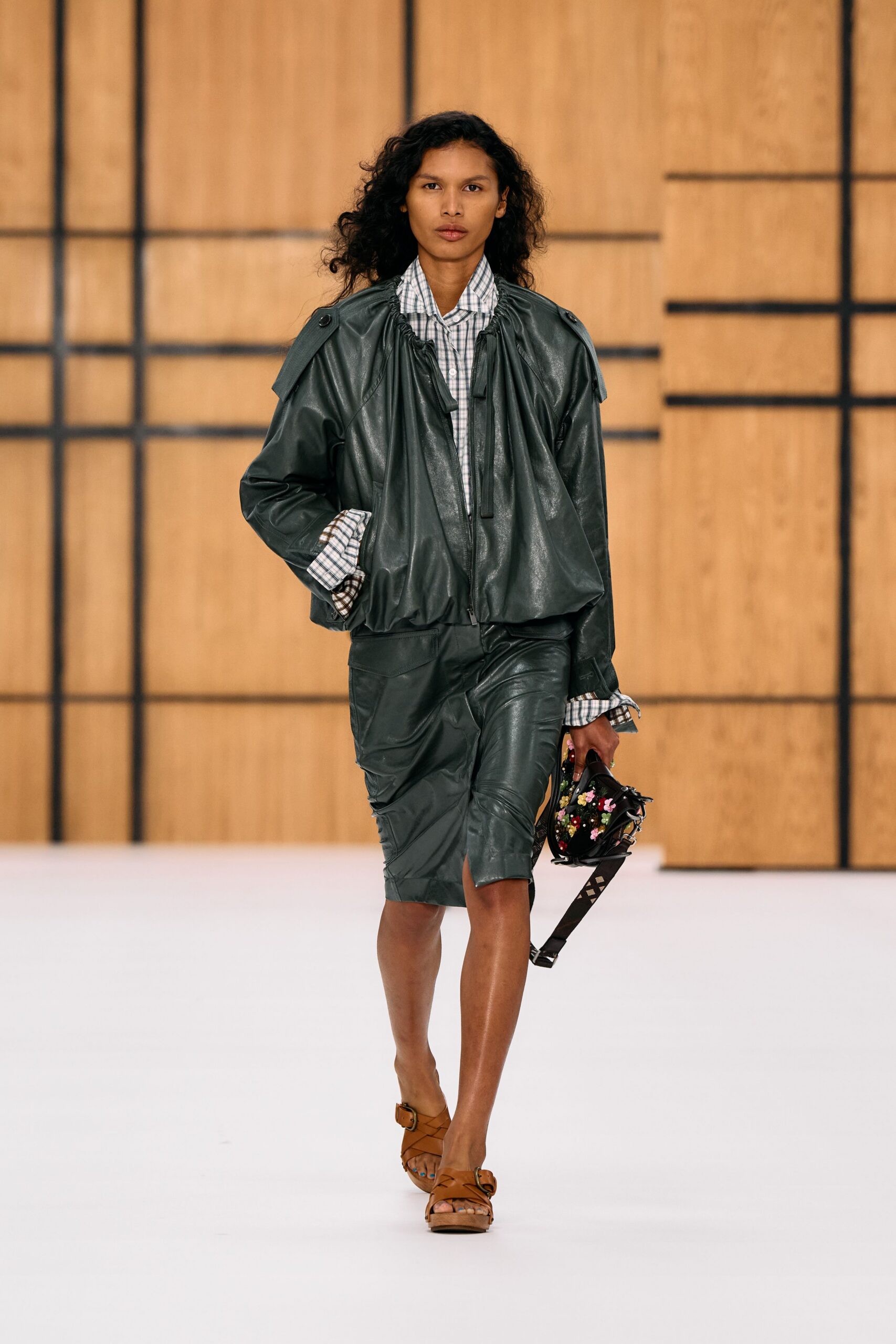 gathered-neck leather bomber jacket