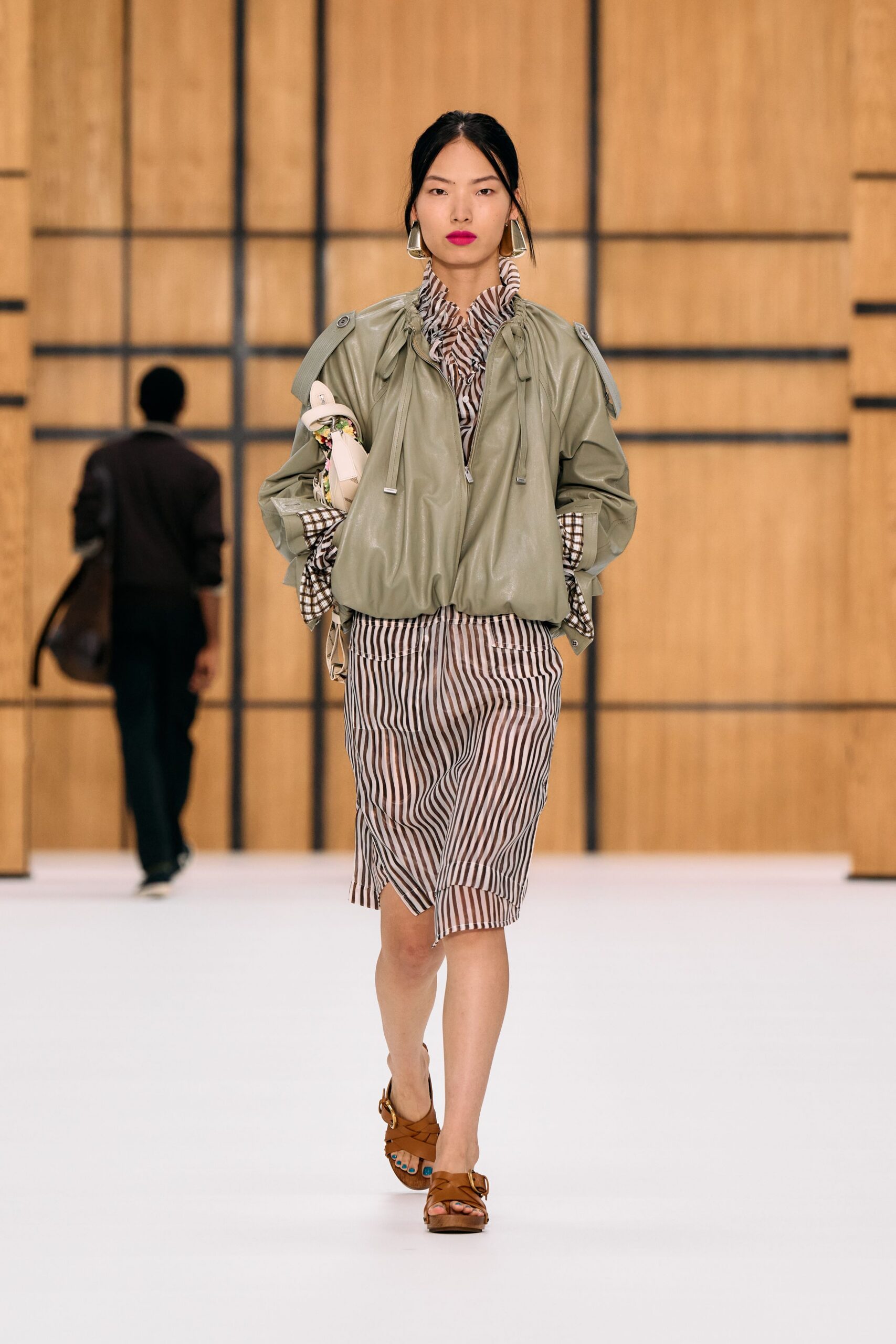 striped shirtdress with cropped leather bomber