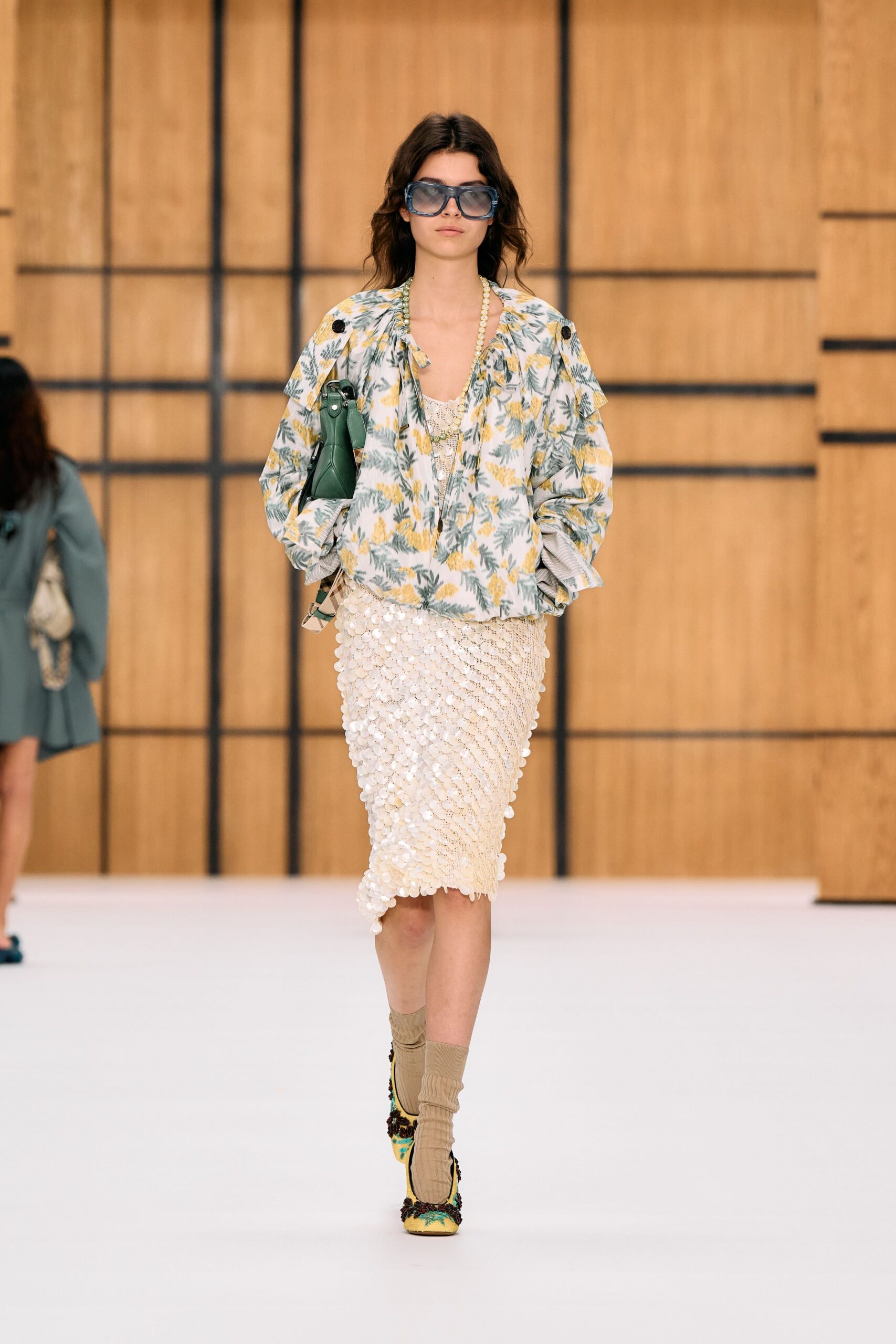 floral draped blouse over sequin slip dress
