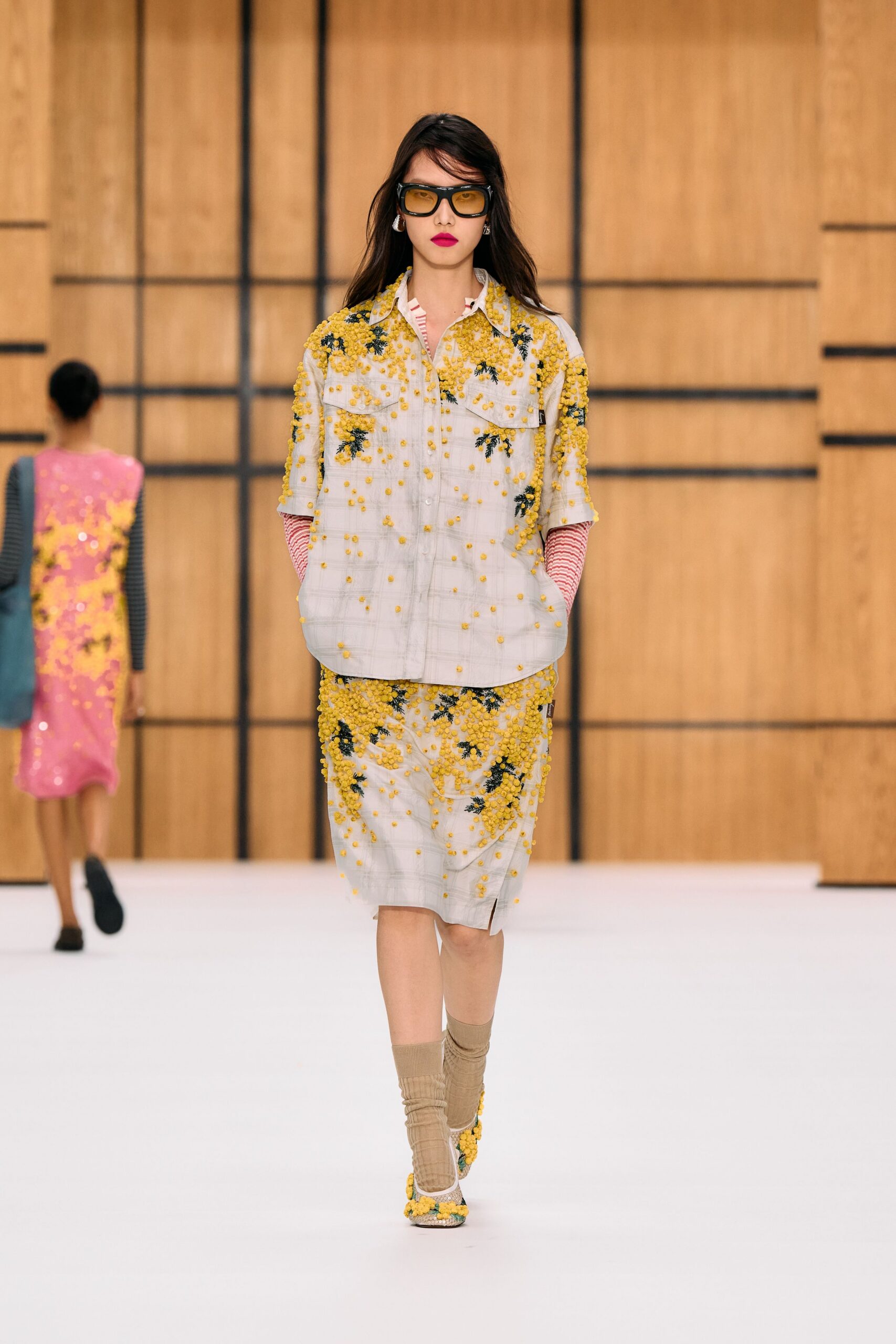 yellow floral embellished checked overshirt