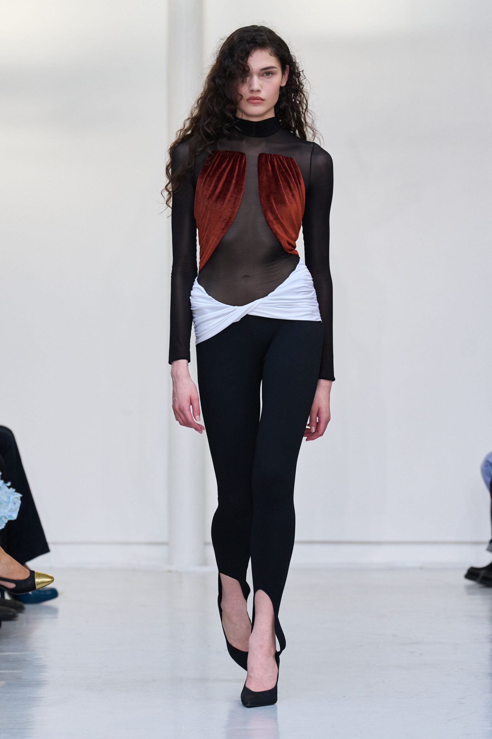 black mesh long-sleeve high-neck fitted color-blocked ruched jumpsuit