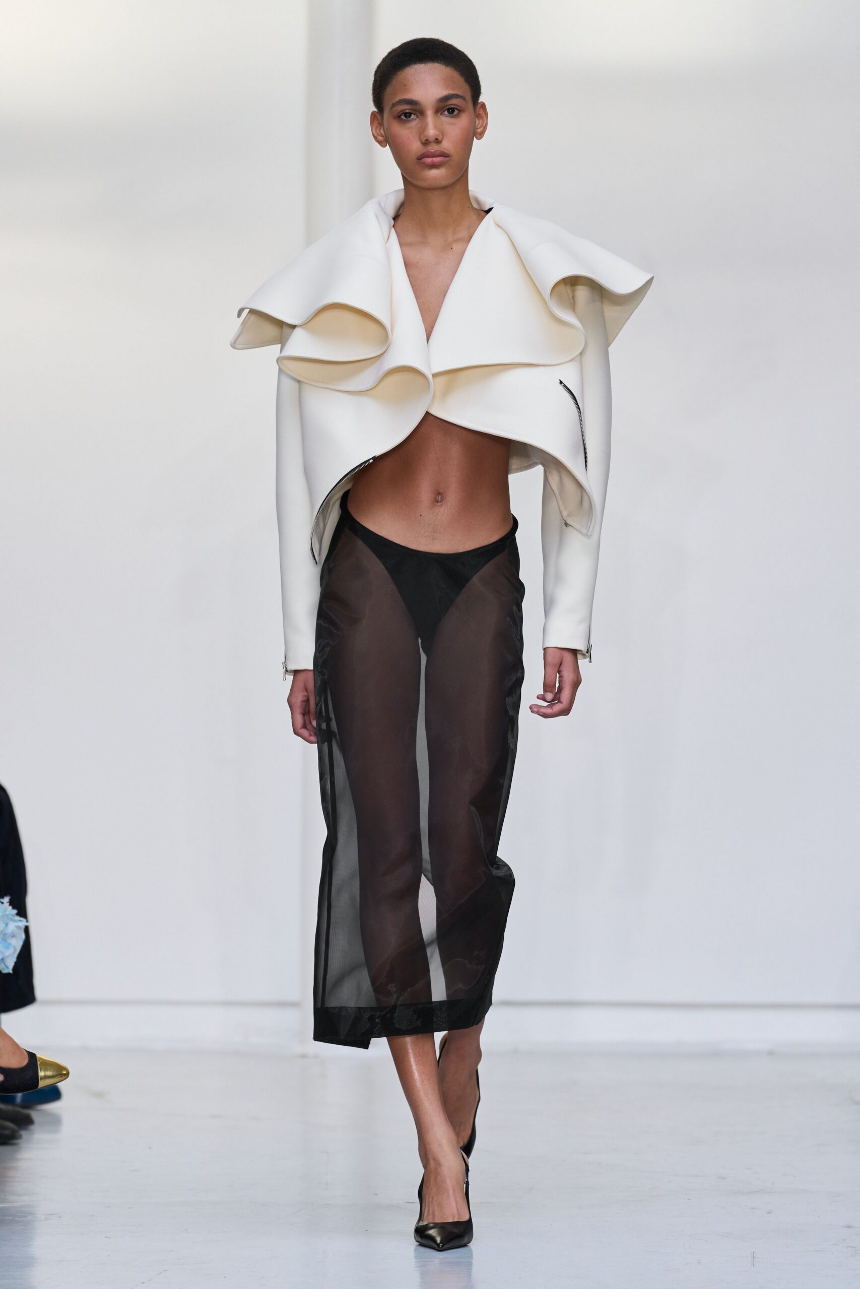 Ivory cropped jacket in thick bonded fabric, collar spiraling into giant ruffles. Black sheer mesh pencil skirt, opaque brief built in beneath. Black pointed pumps. For crossing a marble lobby while the florist is still setting buckets out.