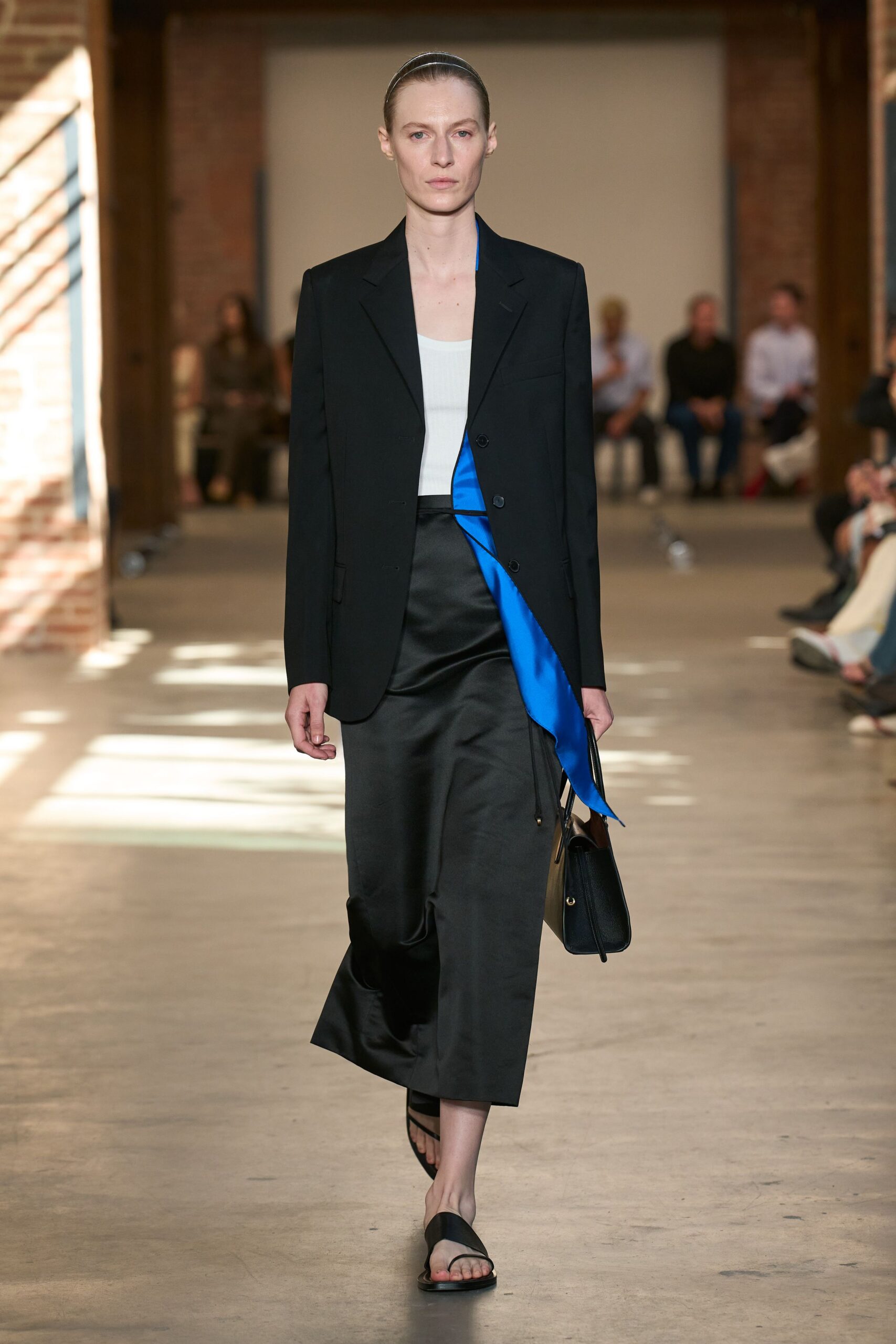 asymmetric blue and black satin skirt