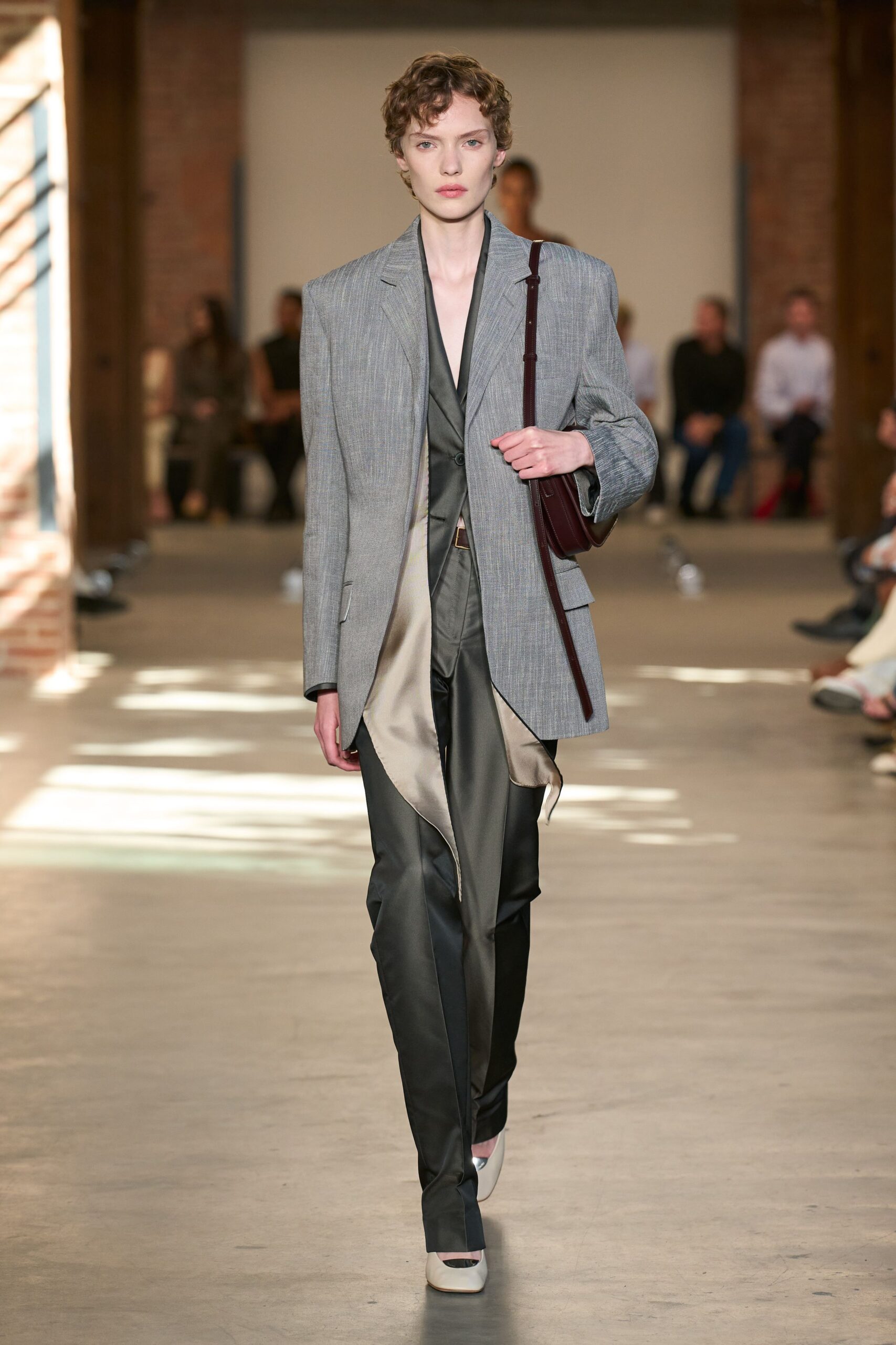 gray oversized blazer over slip dress