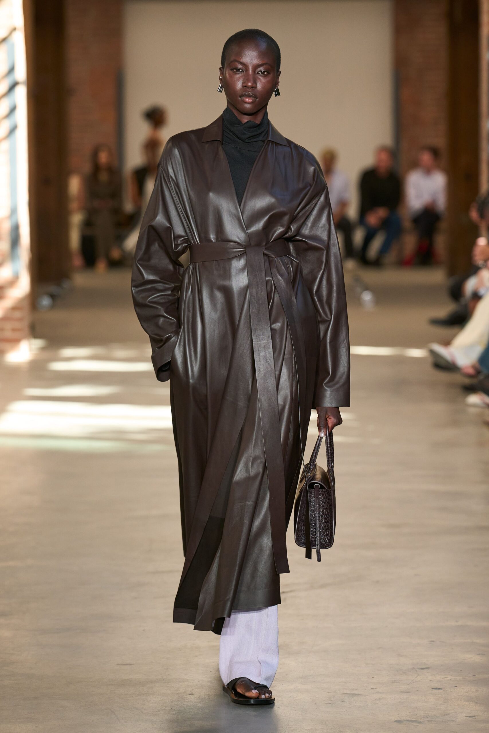 brown leather belted robe coat