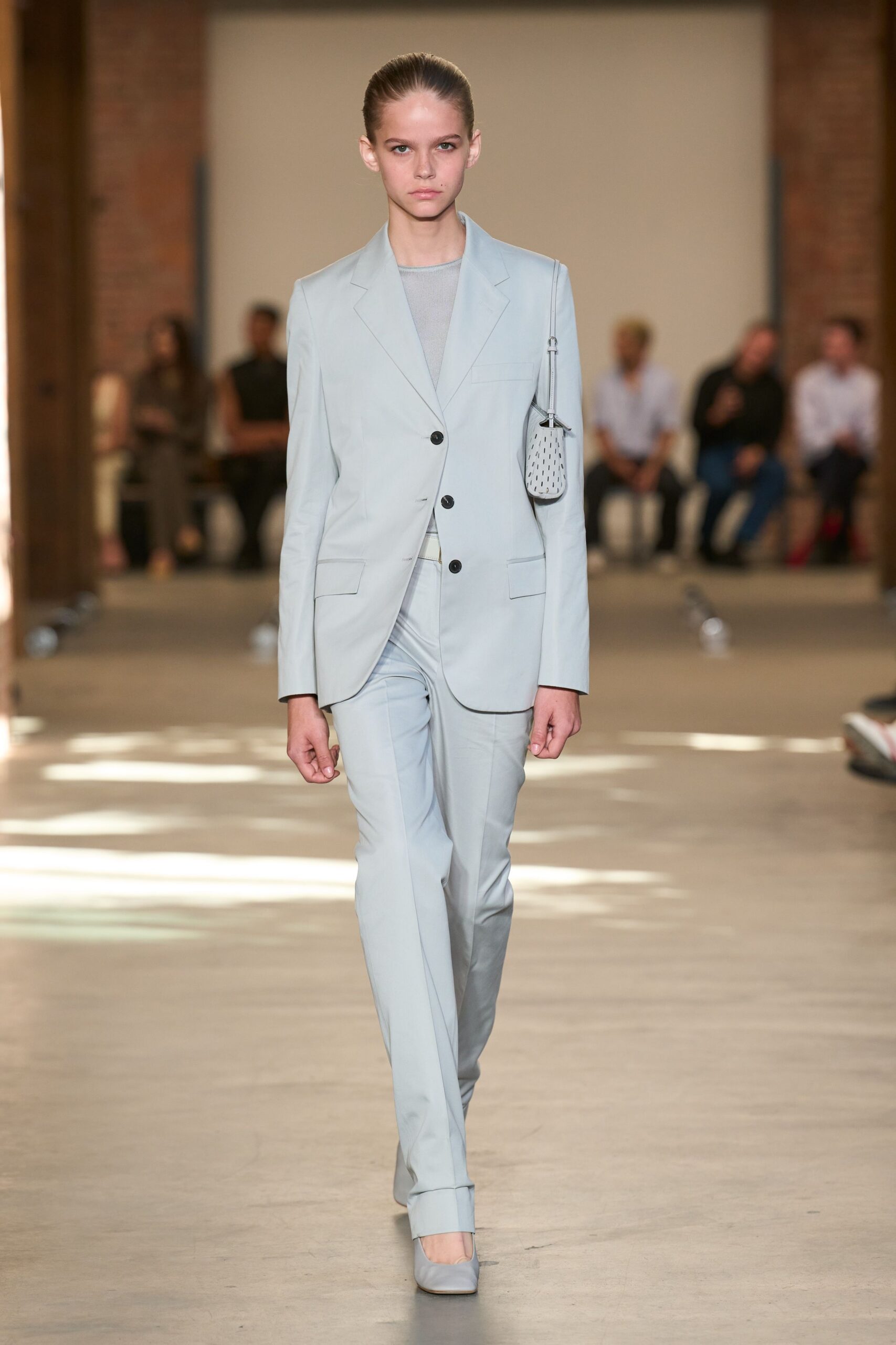 powder blue tailored pantsuit blazer