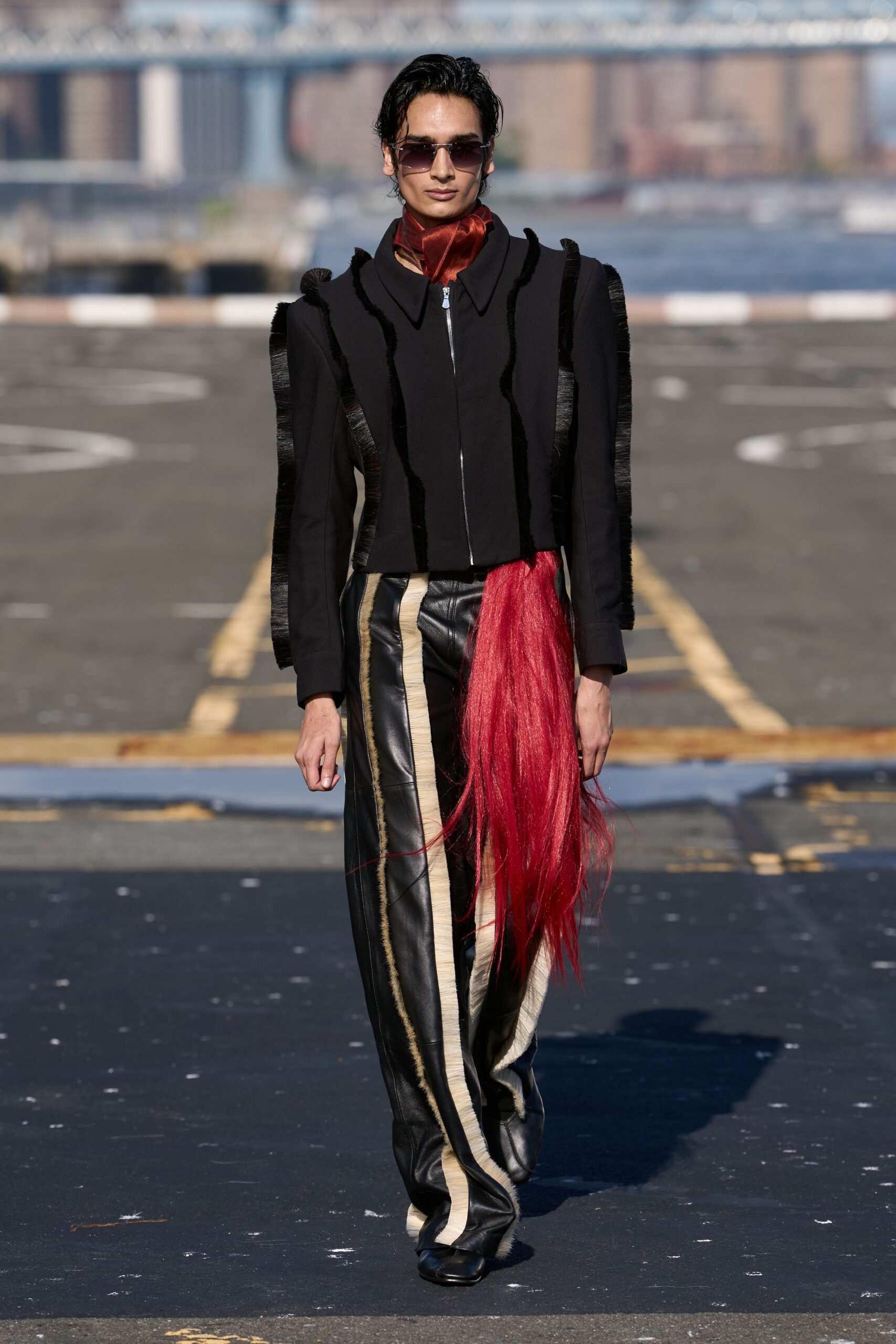 black unknown long-sleeve collared structured zippered fringed jacket