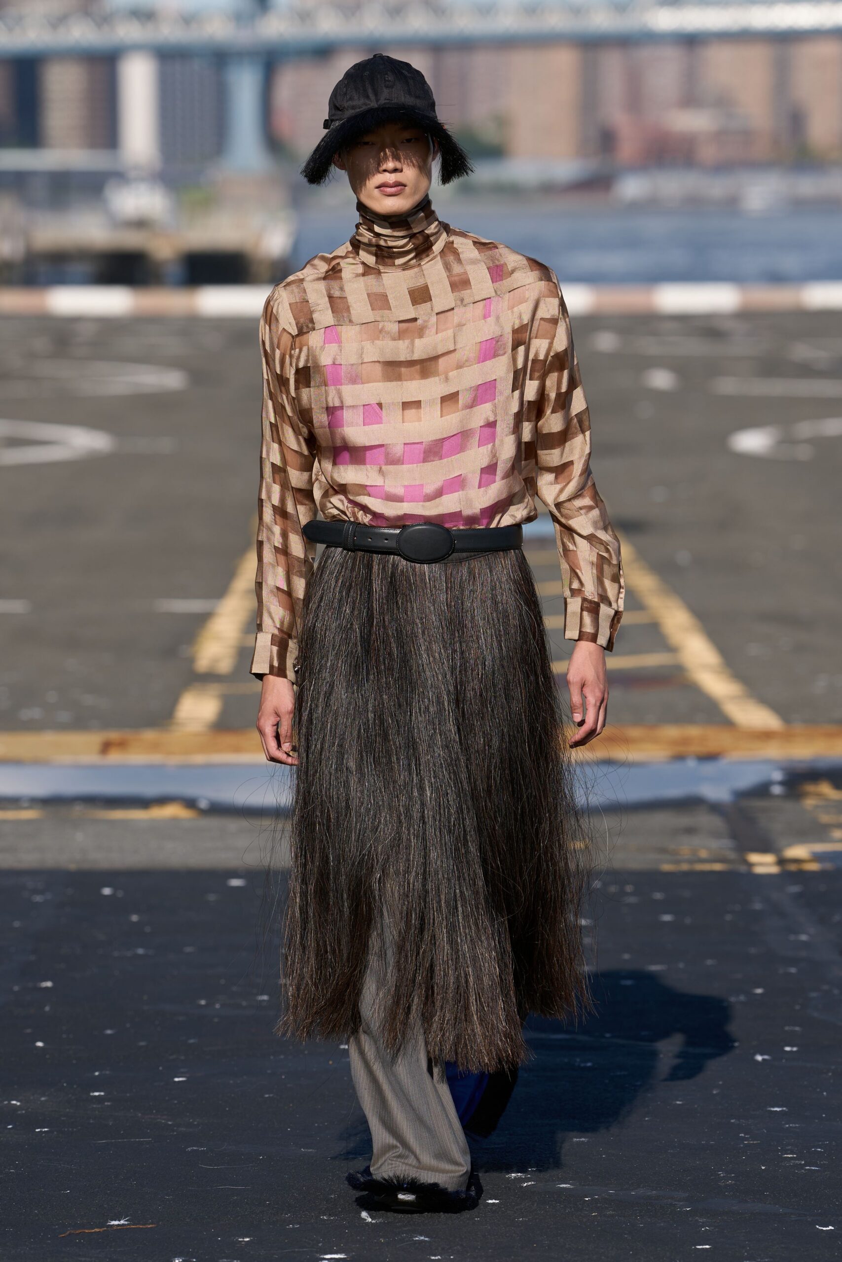 brown fur textured maxi skirt