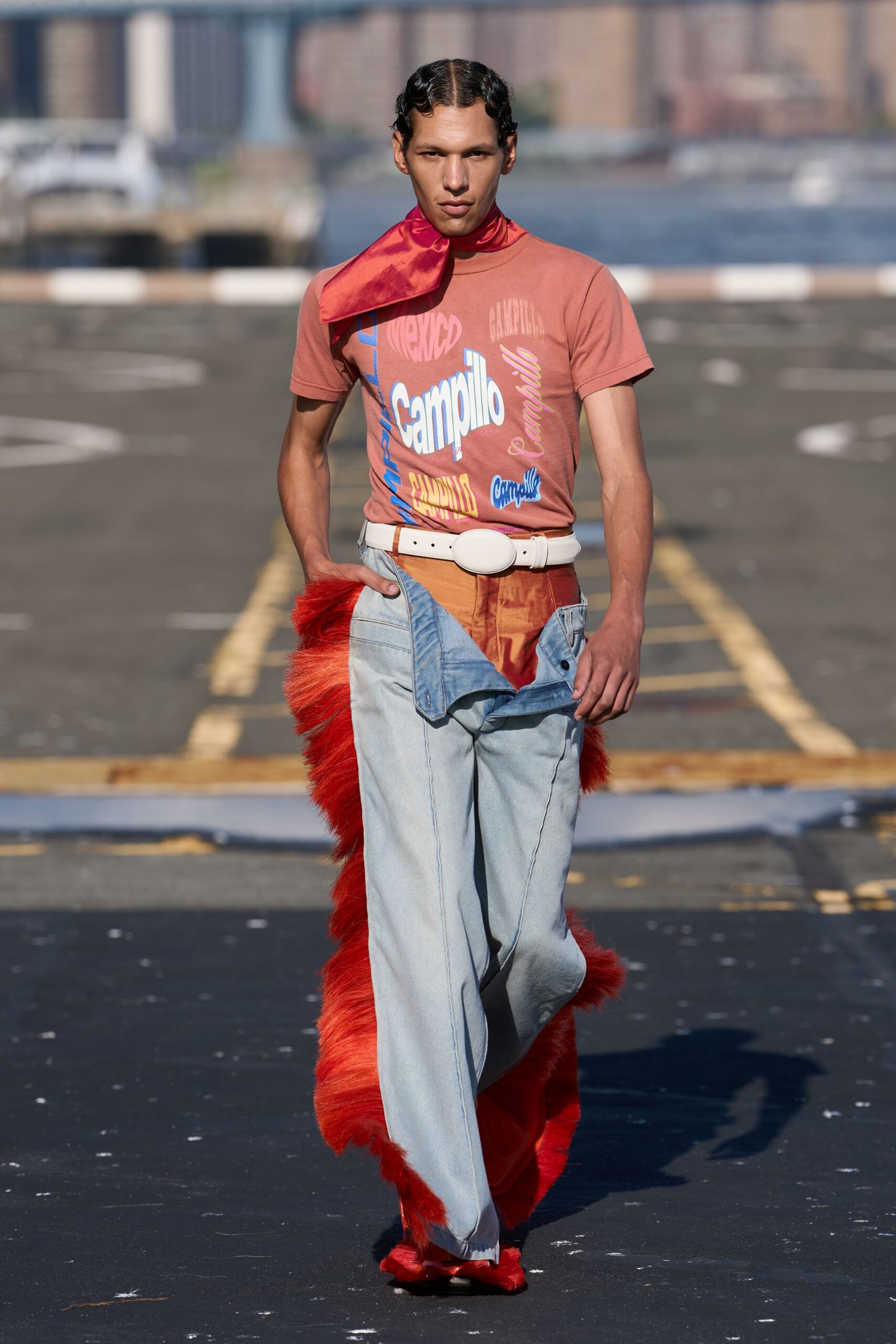 blue denim panelled fur-trimmed textured pants