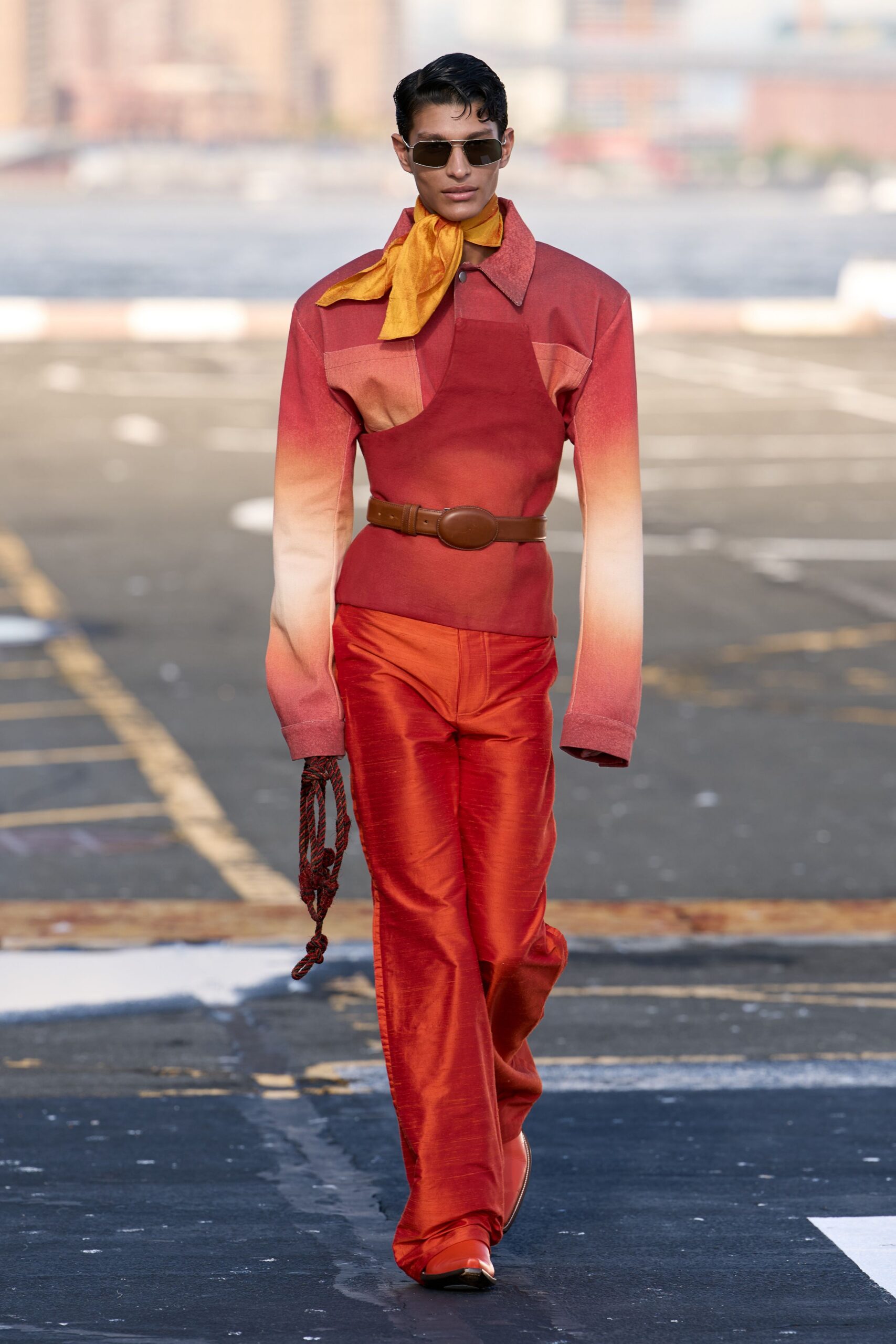 orange satin wide-leg shiny pants