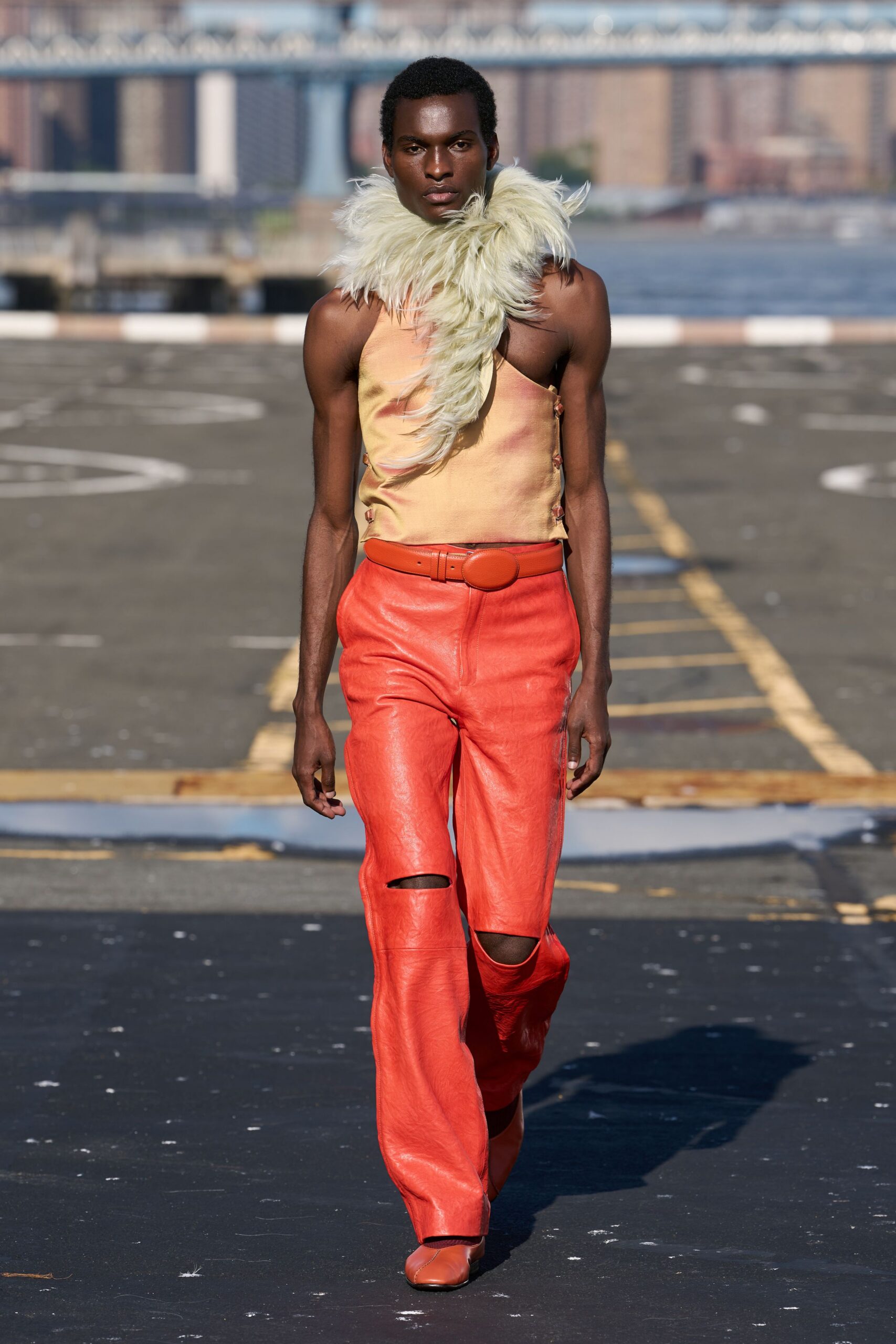 orange leather cutout high-waisted straight-leg shiny pants