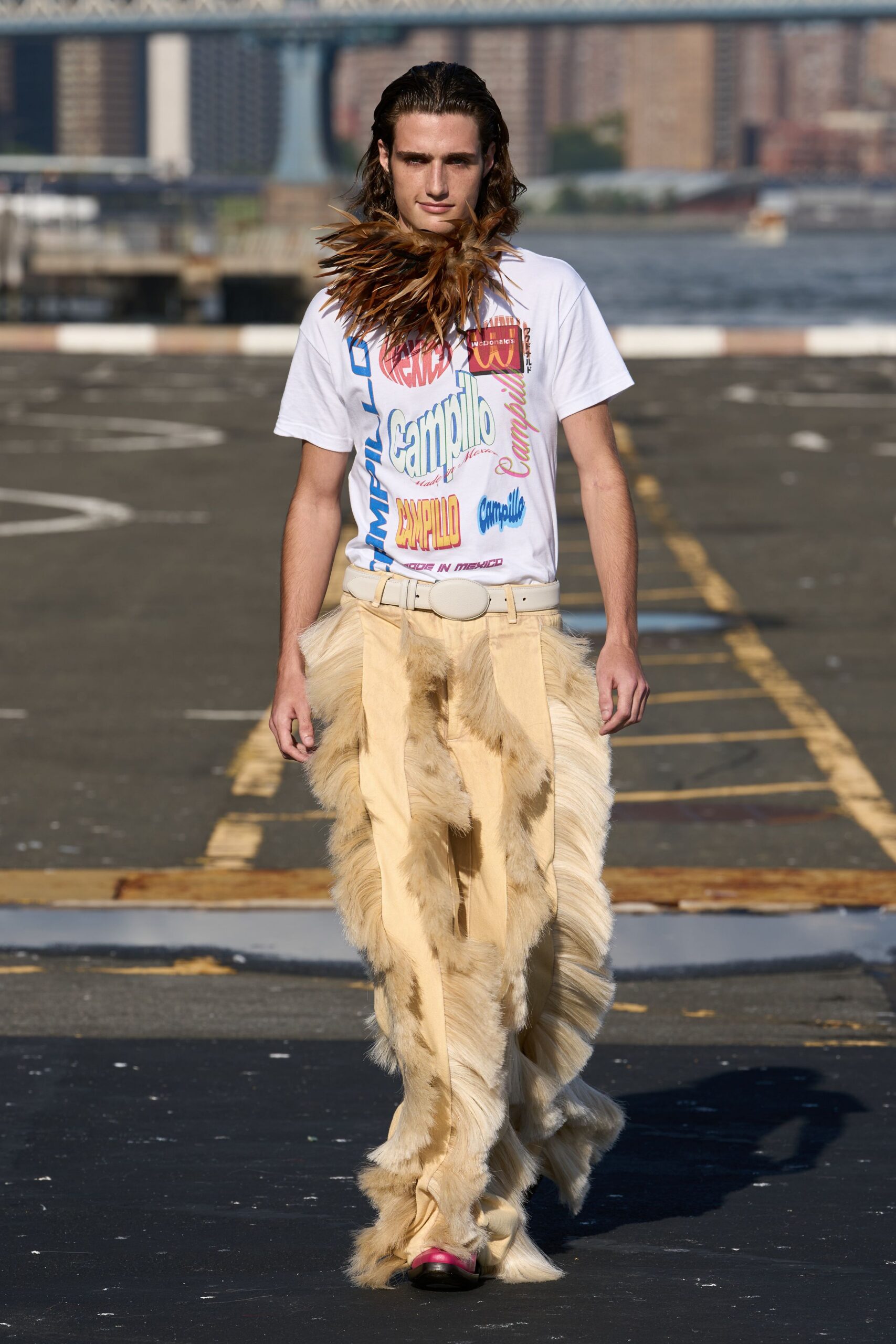 beige fur belted panelled textured pants