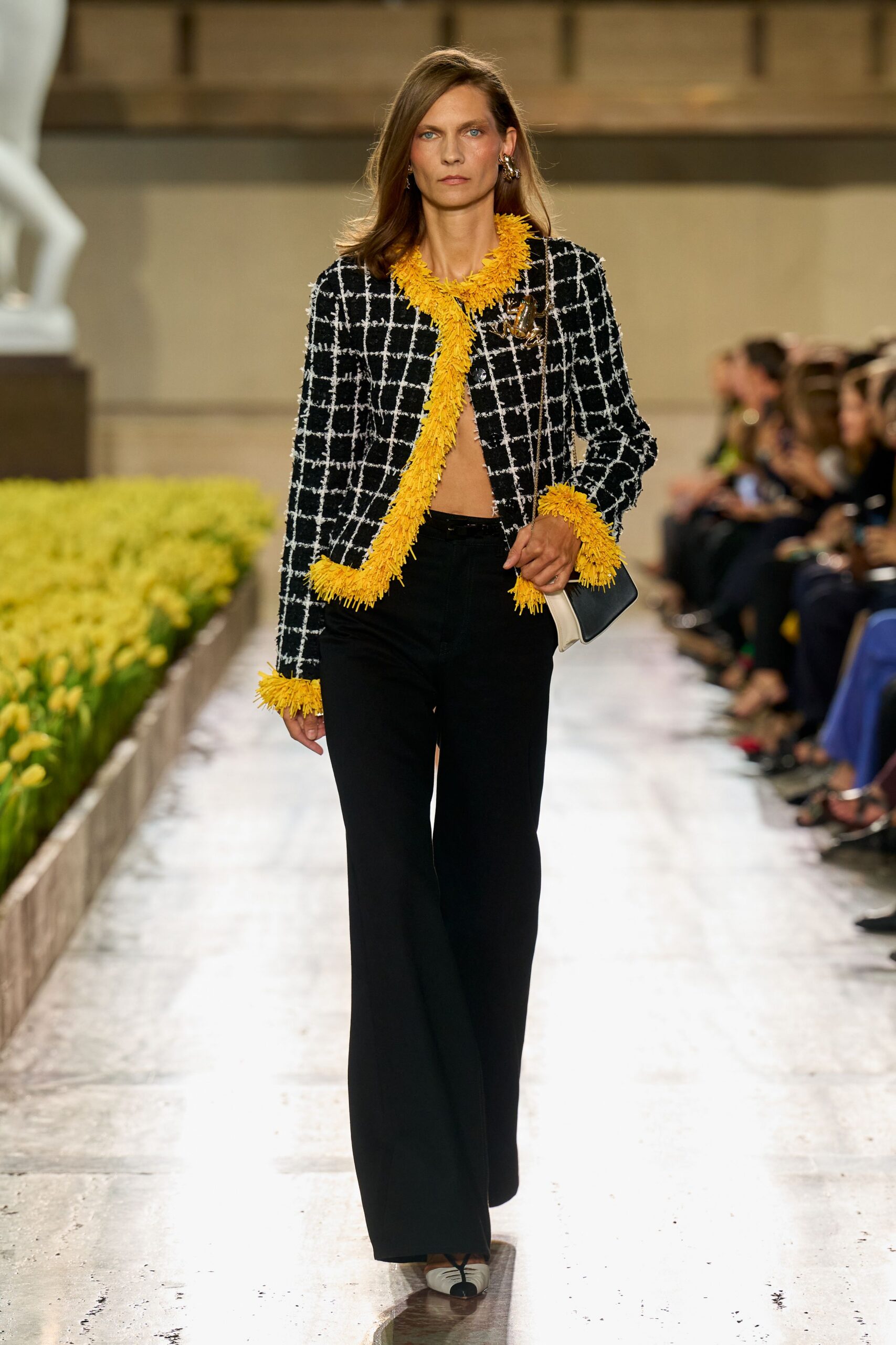 black tweed long-sleeve open-front structured checked fringed jacket