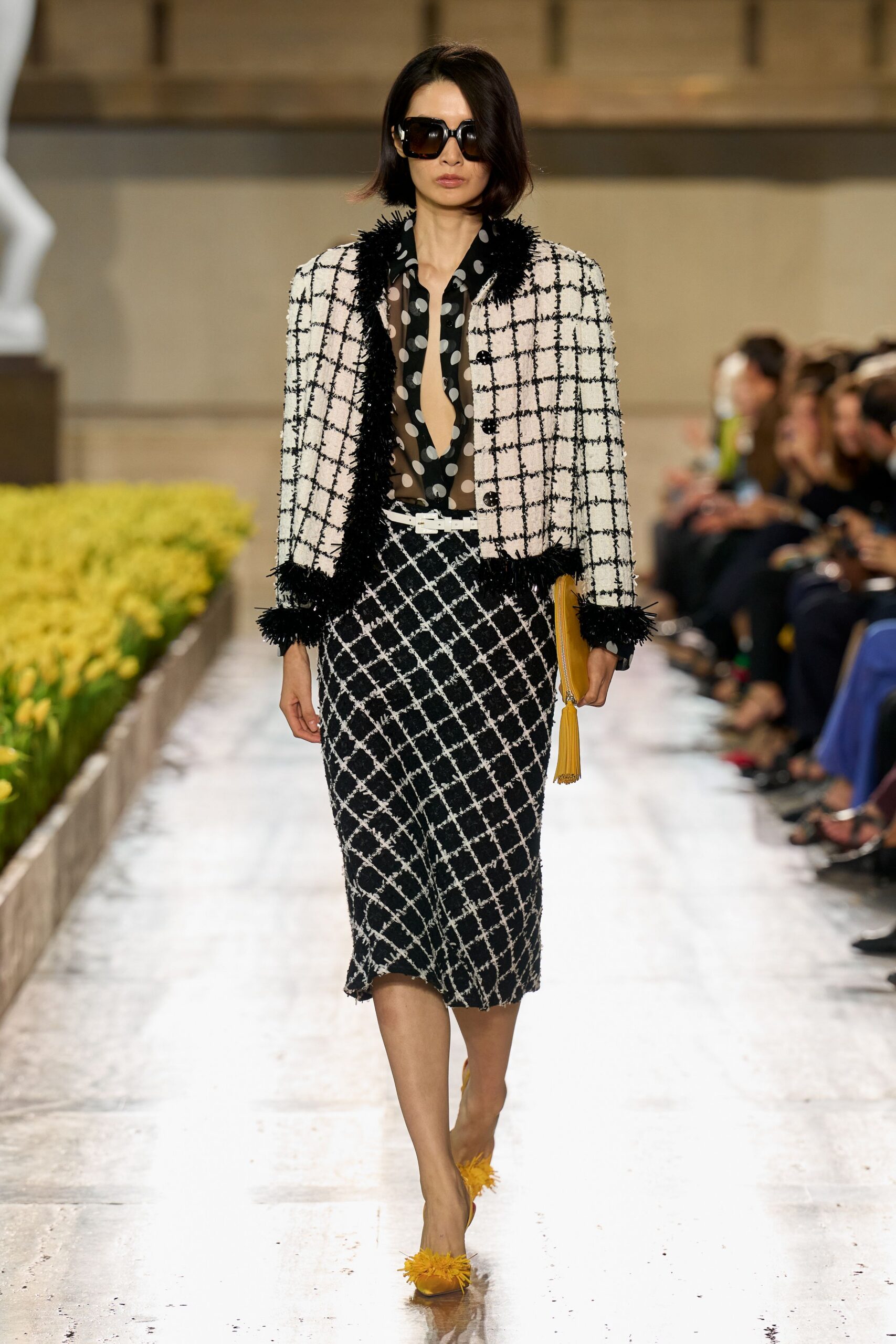 white tweed long-sleeve collared structured checked feathered jacket