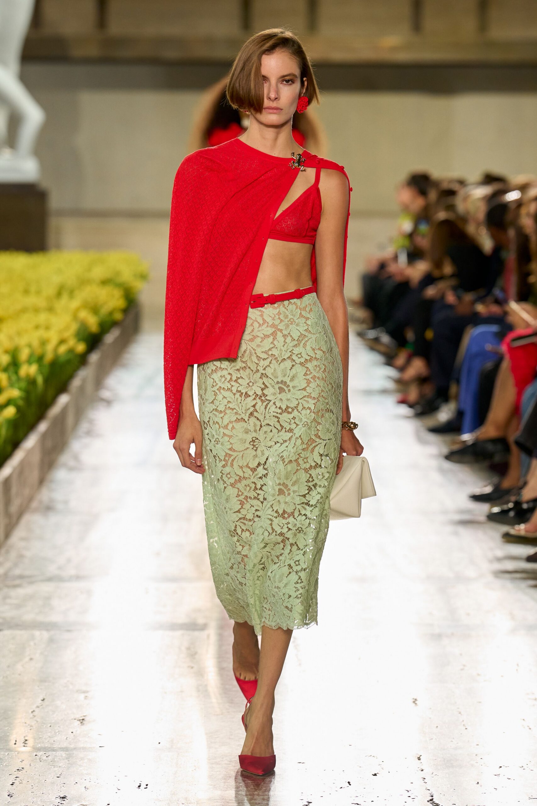 green lace high-waisted floral belted sheer textured skirt