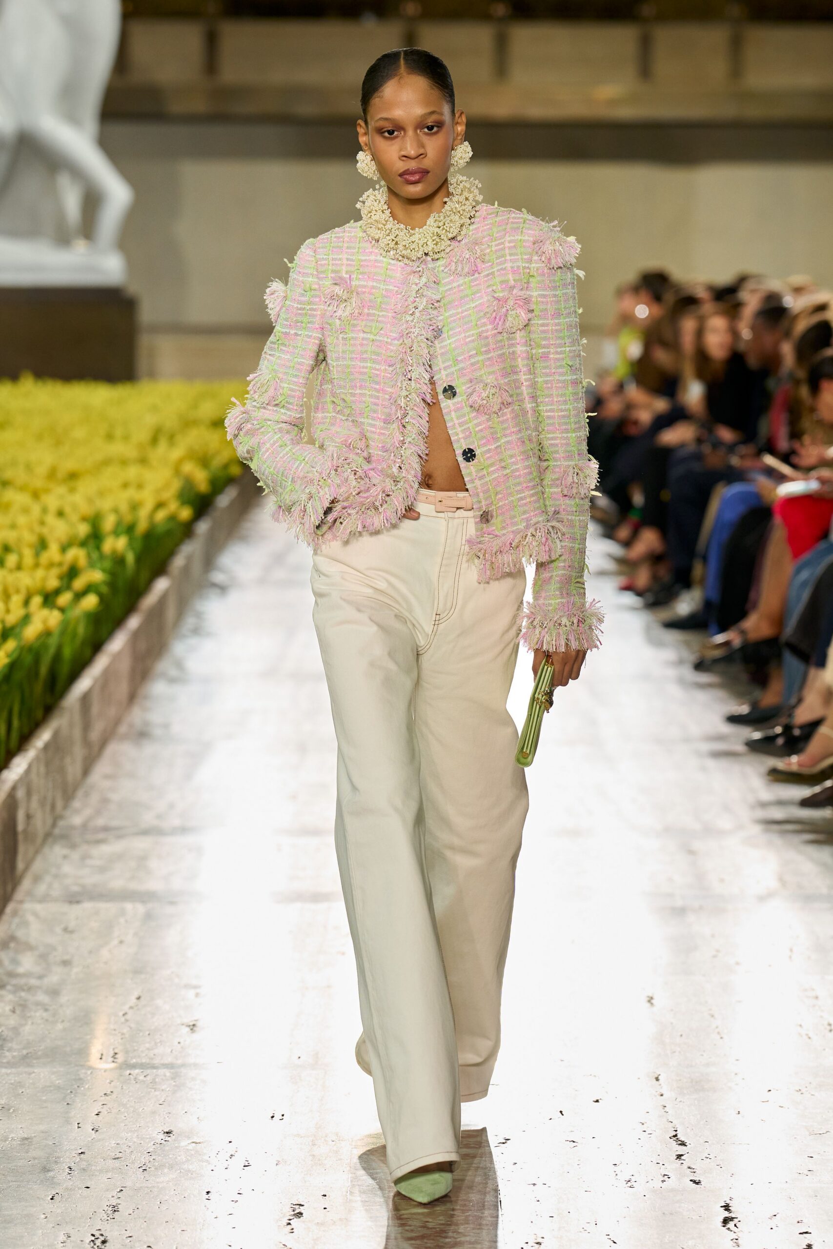 pink tweed long-sleeve open-front checked fringed textured jacket