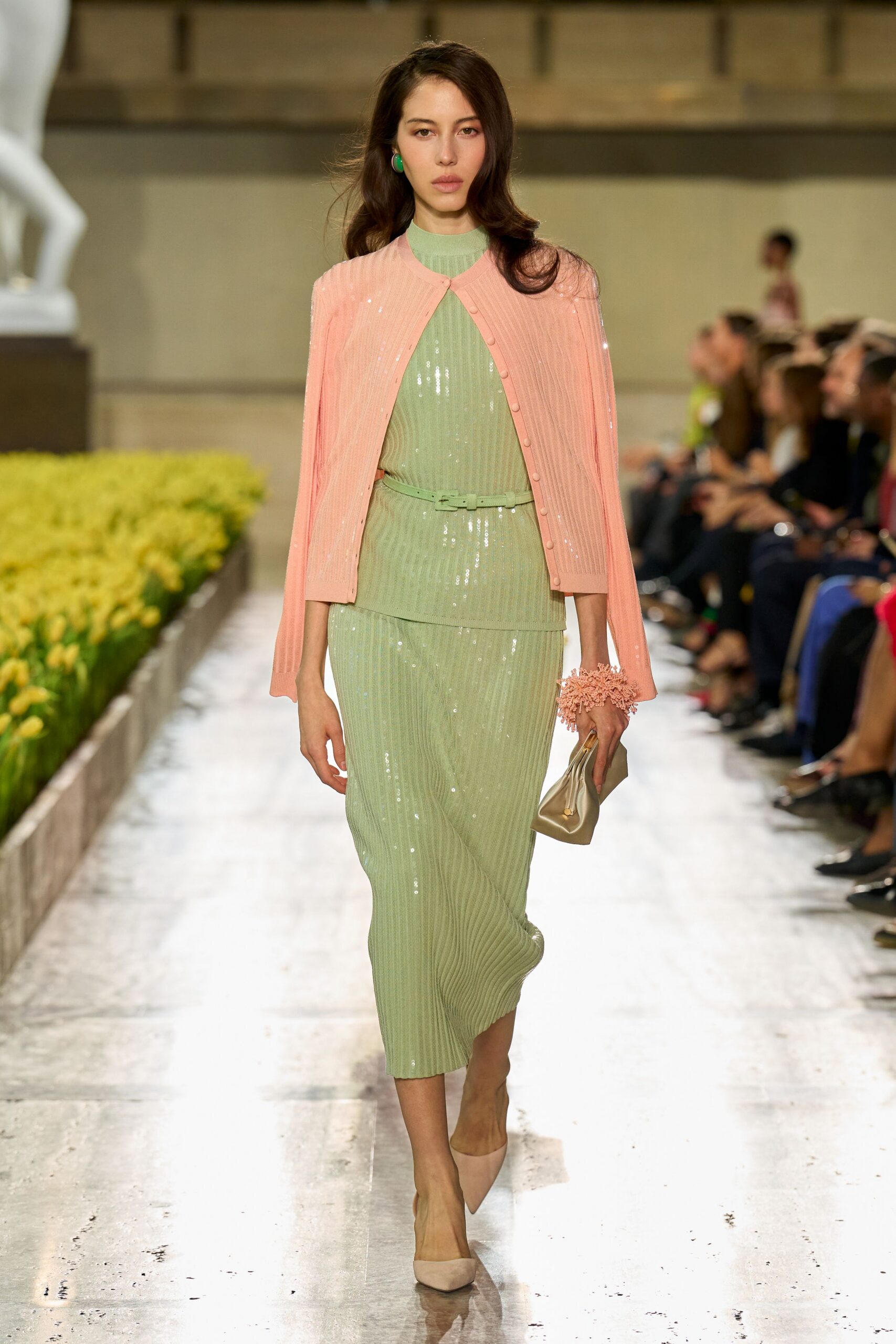 green knit sleeveless high-neck fitted ribbed belted dress