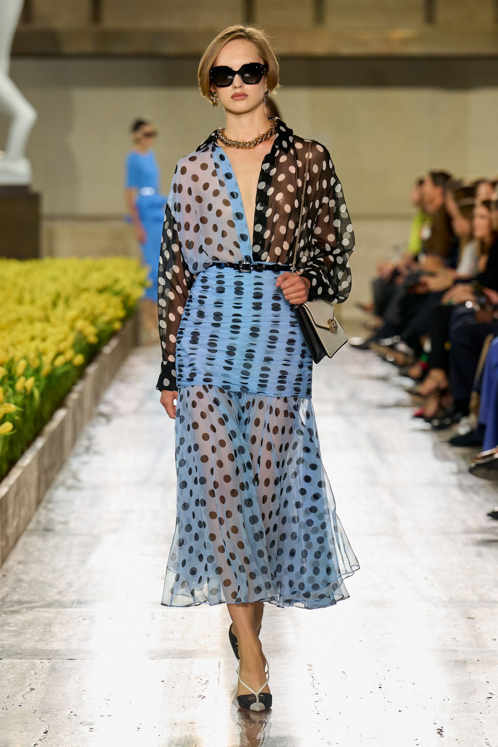 multi chiffon long-sleeve collared polka-dot ruched dress