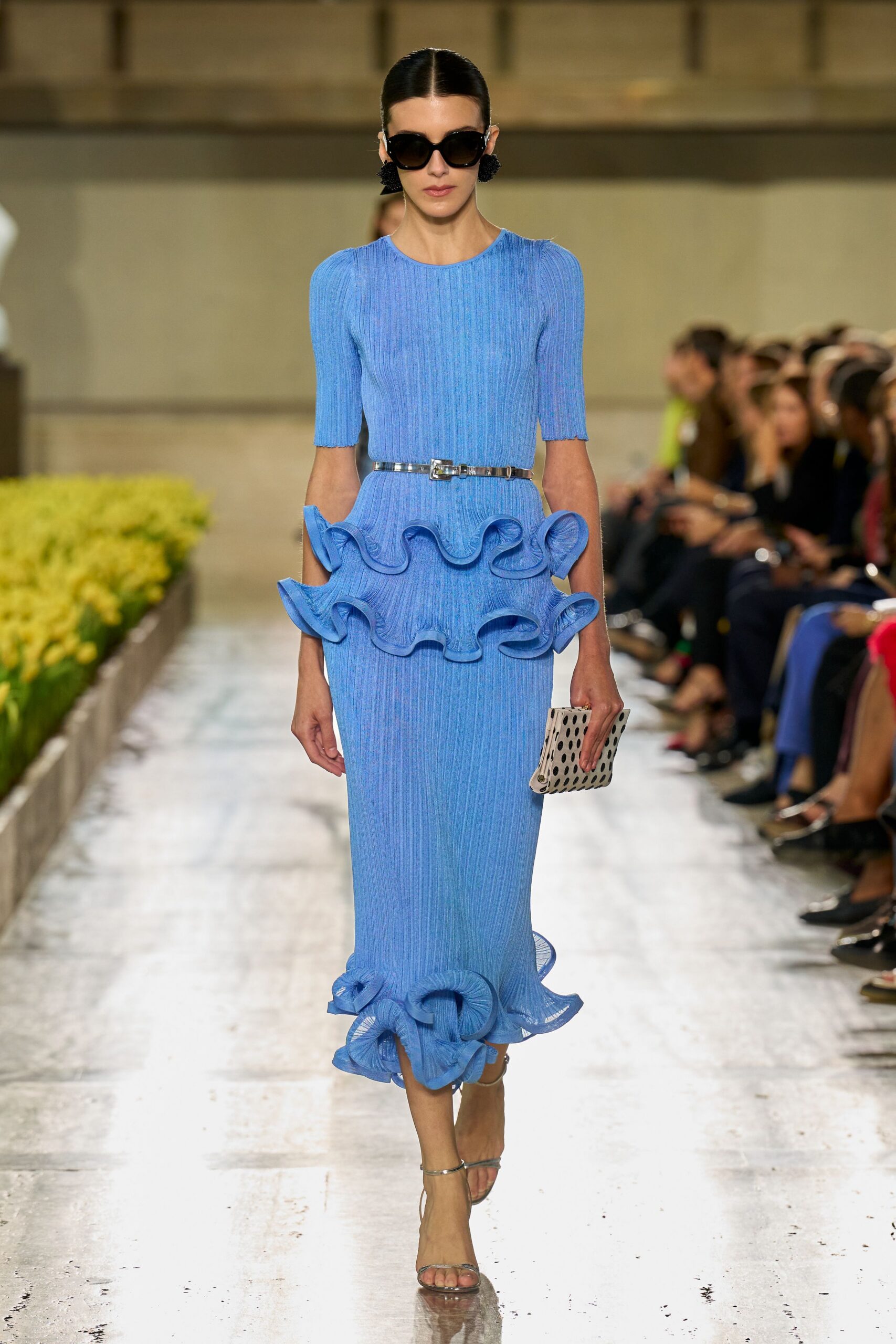blue knit short-sleeve high-neck fitted ruffled ribbed maxi-dress