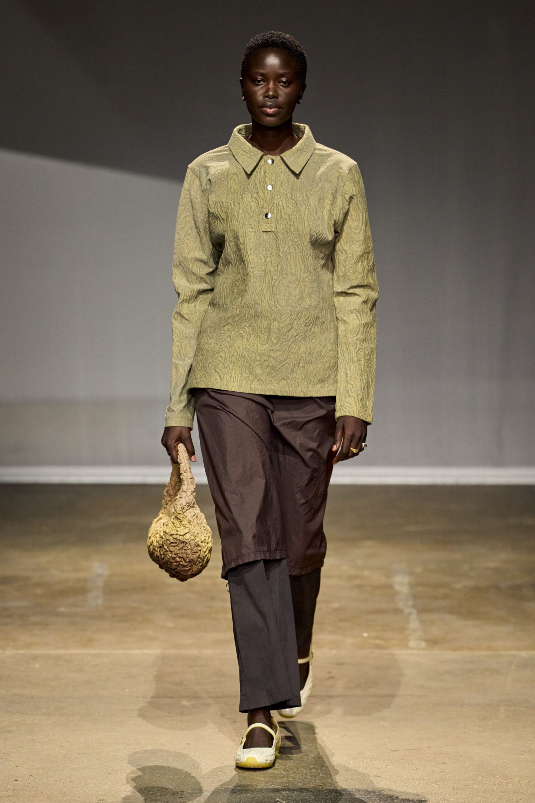green jacquard long-sleeve collared buttoned abstract textured shirt